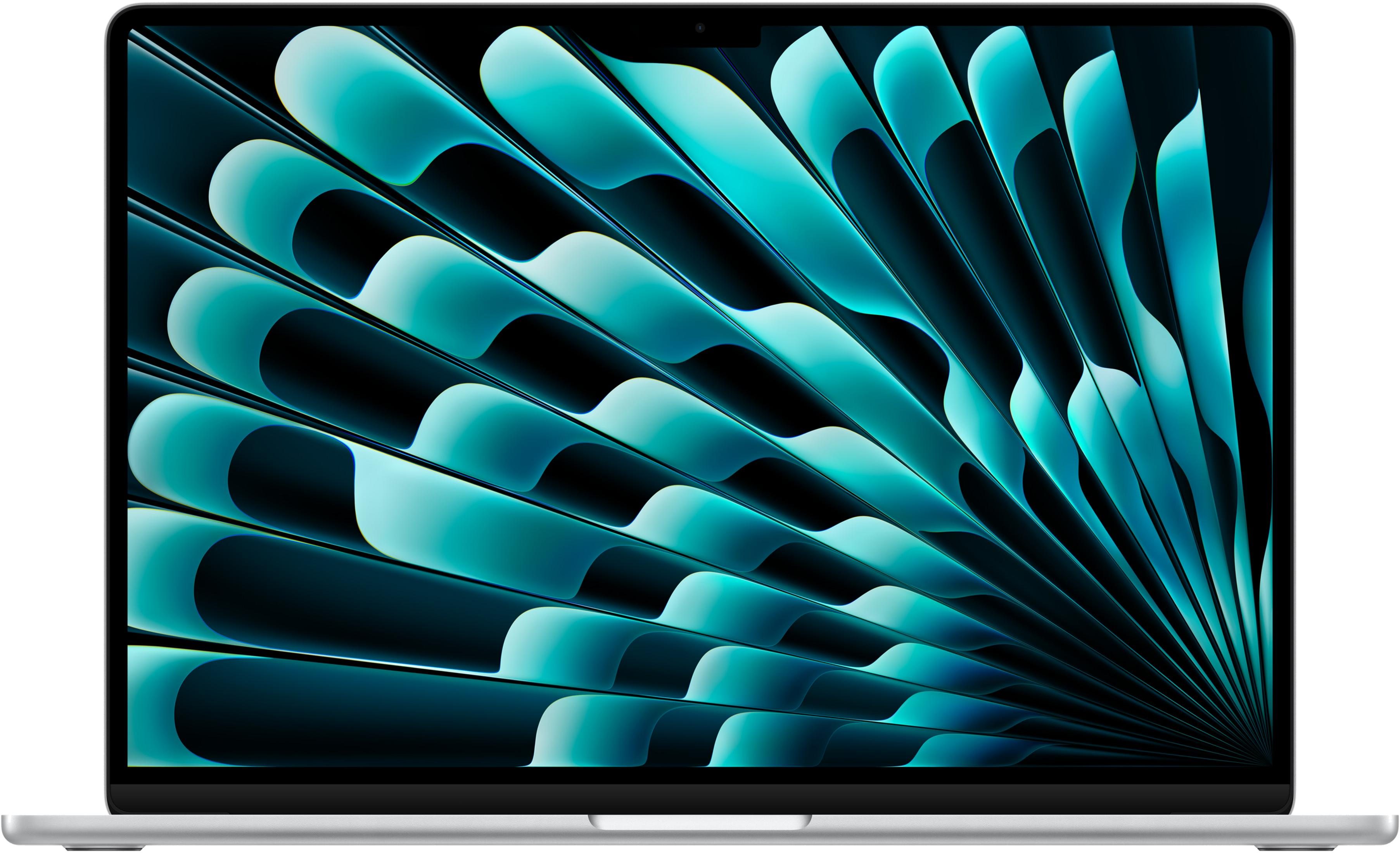Ein silberner Laptop mit einem teal-farbenen, fächerartigen Hintergrundbild.