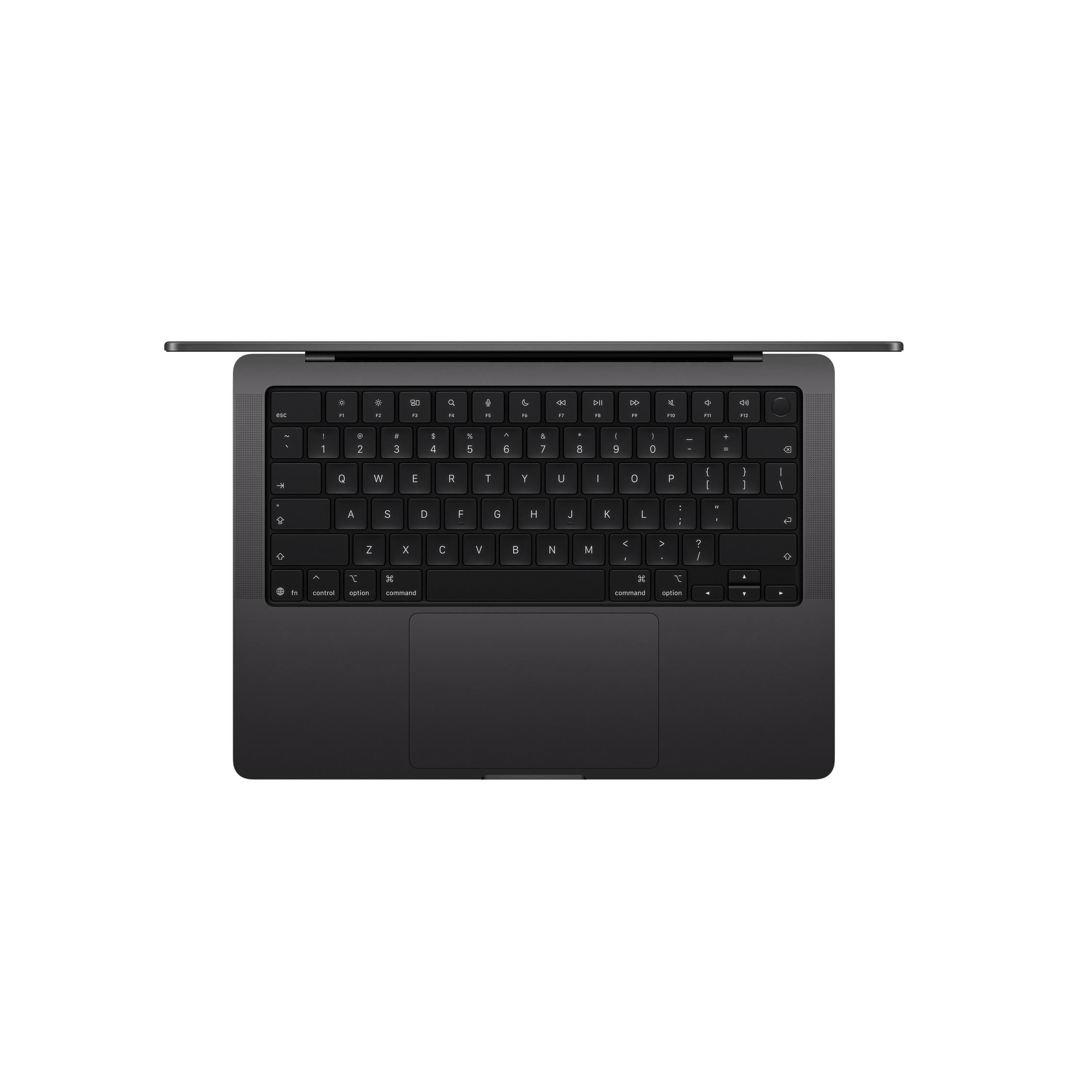 Ordinateur portable gris foncé vu de dessus, clavier et pavé tactile ouverts.