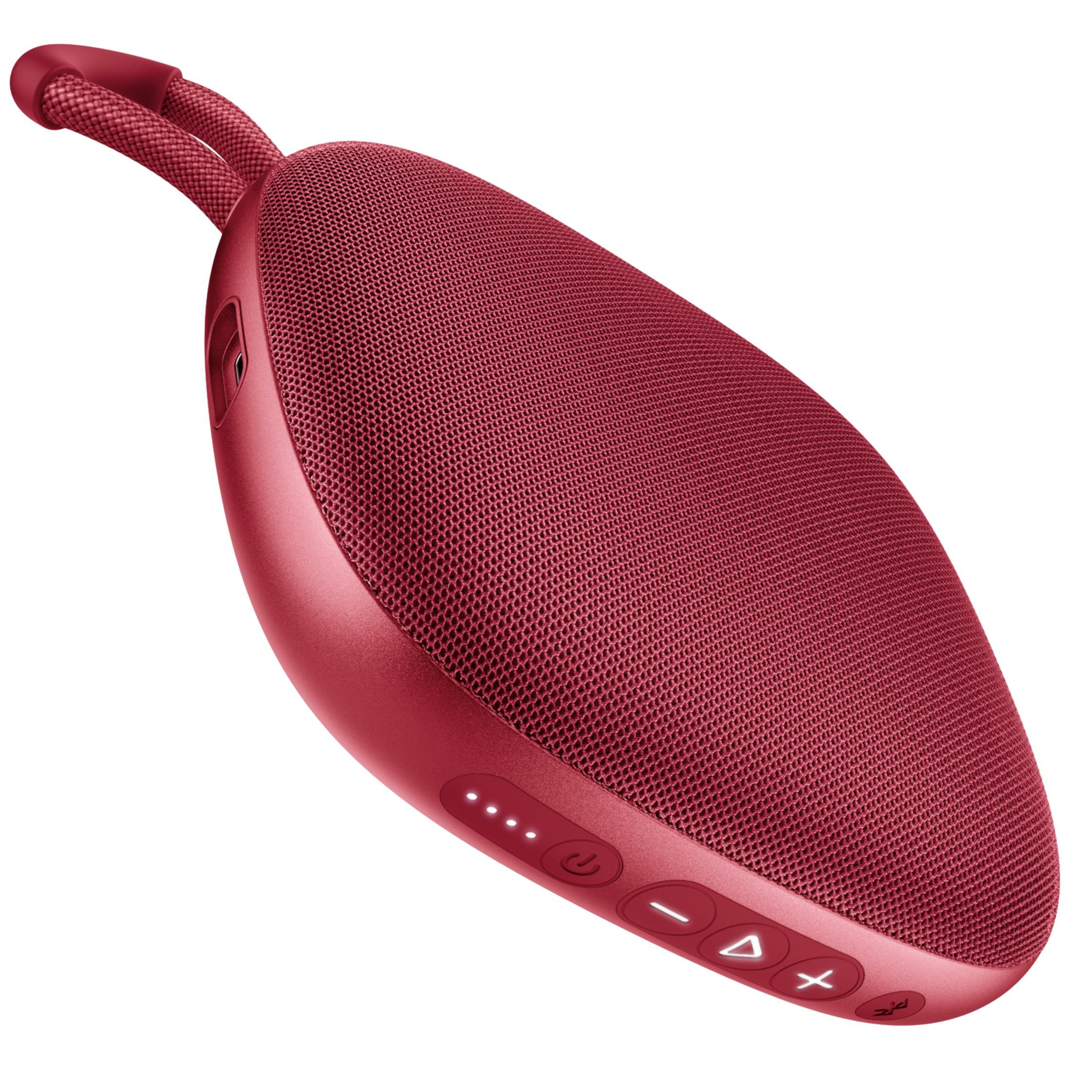 Eine rote, ovale Bluetooth-Box mit Stoffgitter und Bedienelementen.