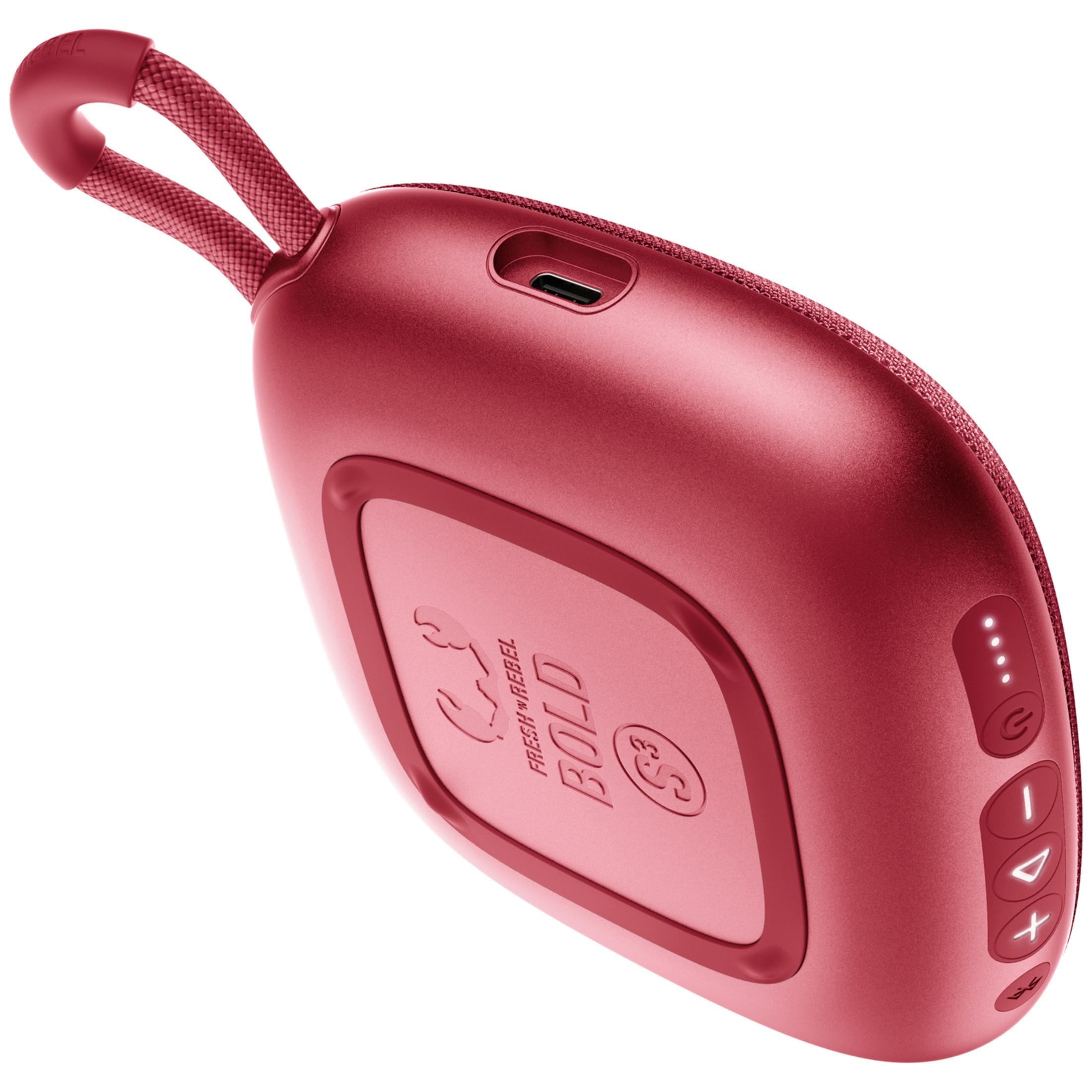 Ein roter tragbarer Lautsprecher mit Stoffschlaufe und USB-C-Anschluss. Tasten umfassen Strom, Lautstärke und Wiedergabe/Pause.