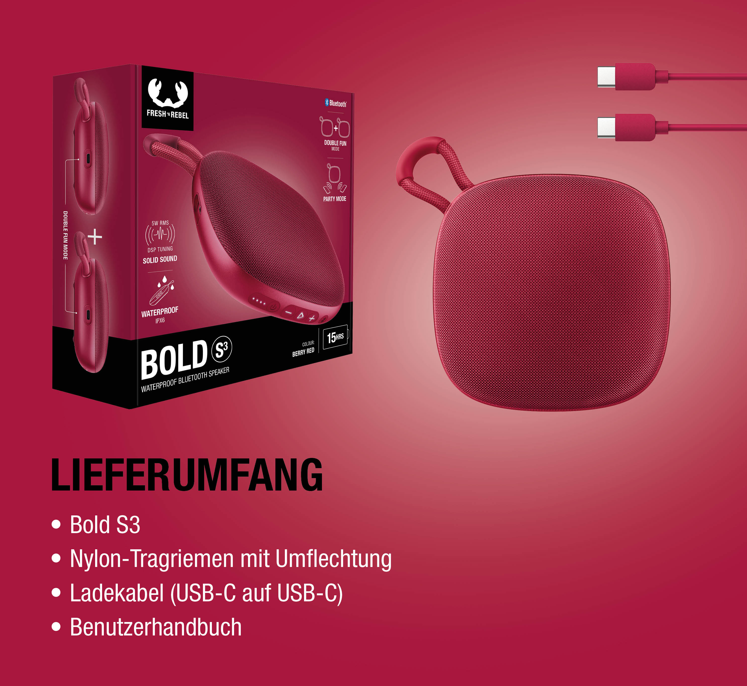 Ein roter Fresh 'n Rebel Bold S3 Bluetooth-Lautsprecher mit Ladekabeln und Verpackung.