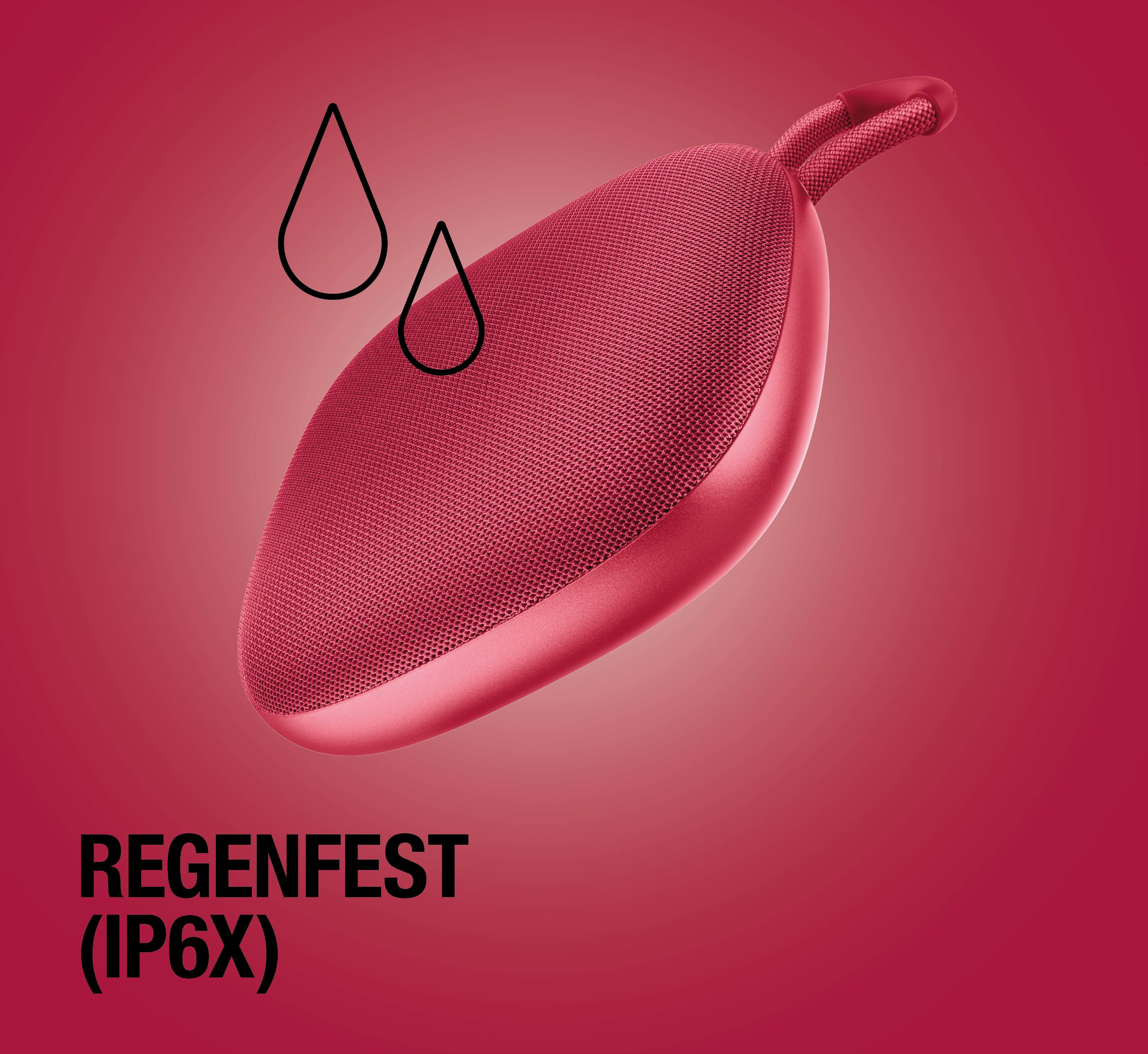 Roter Lautsprecher mit Regentropfen-Symbol und Text 