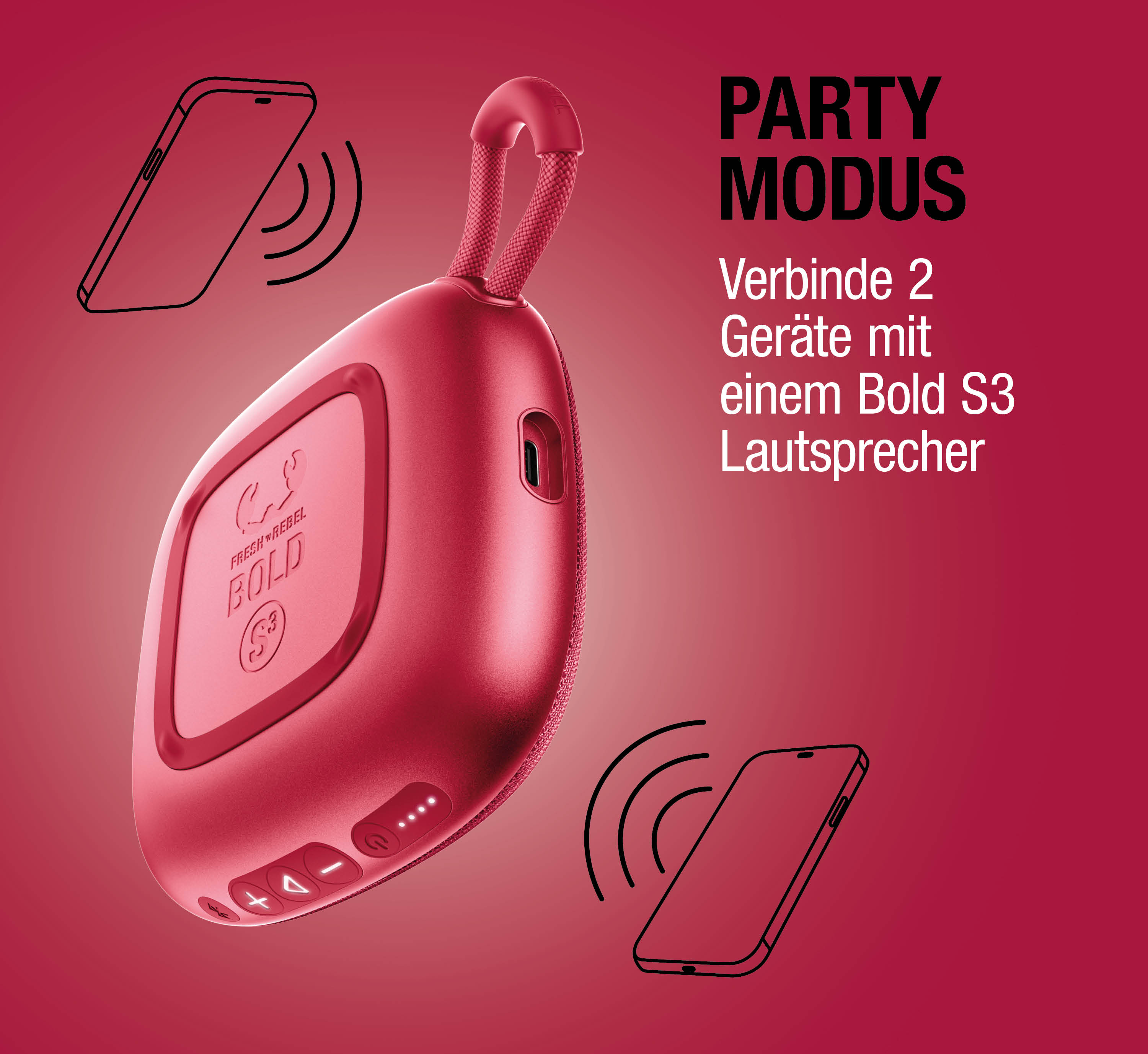 Roter Lautsprecher mit zwei Smartphones, die sich verbinden.