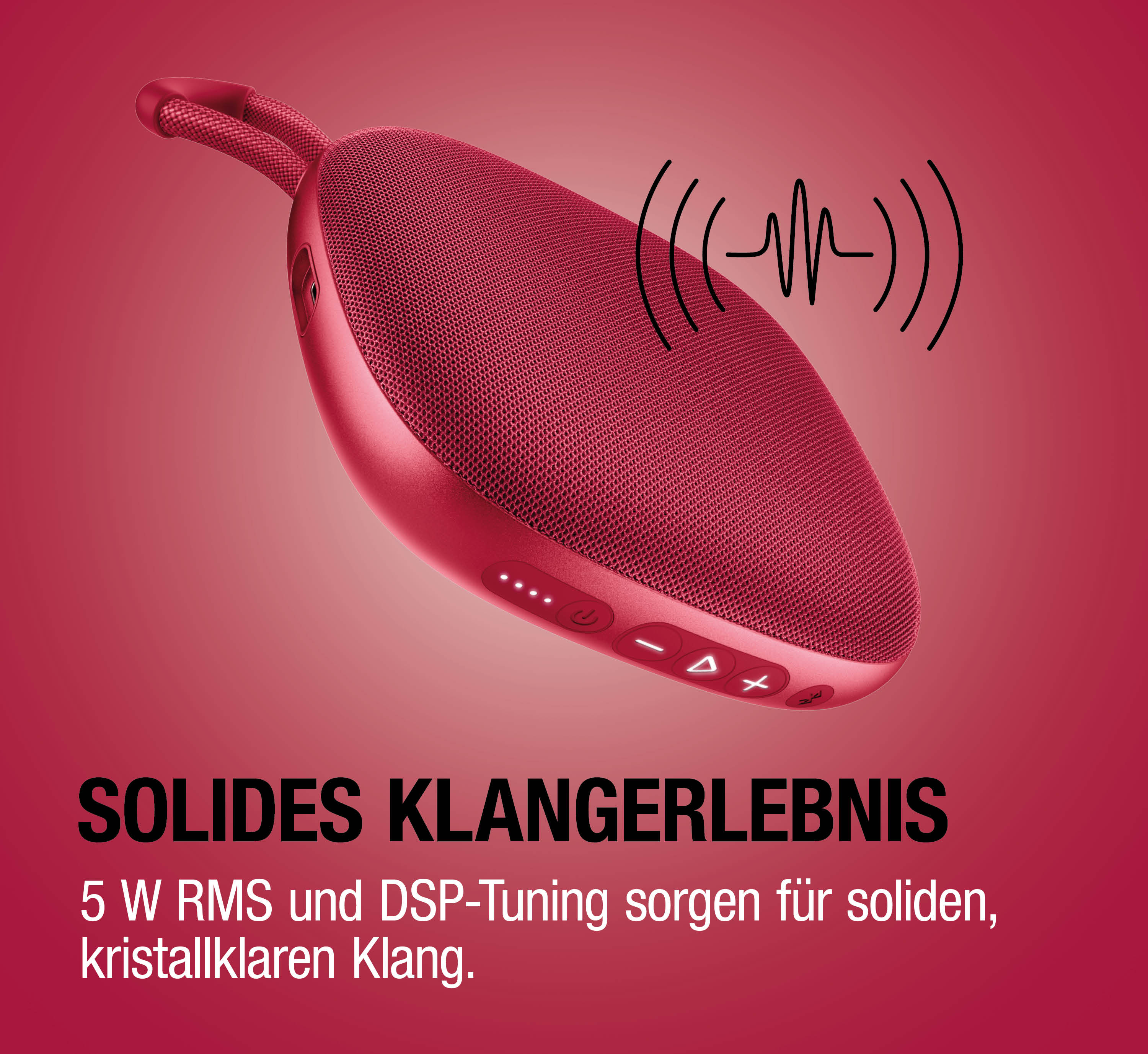 Ein roter Bluetooth-Lautsprecher mit Henkel und Bedienelementen.