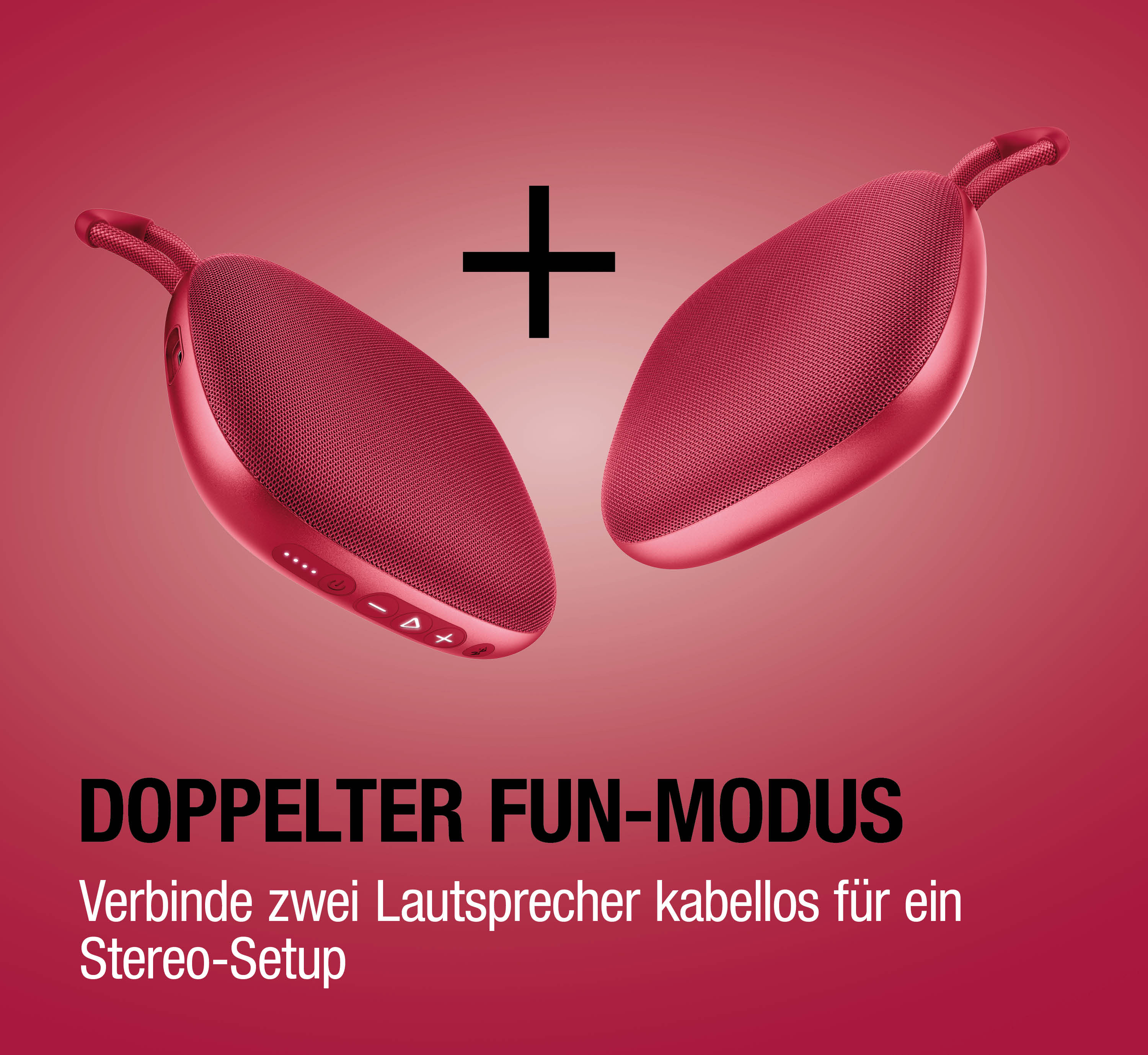 Zwei rote Lautsprecher mit einem Pluszeichen verbunden.