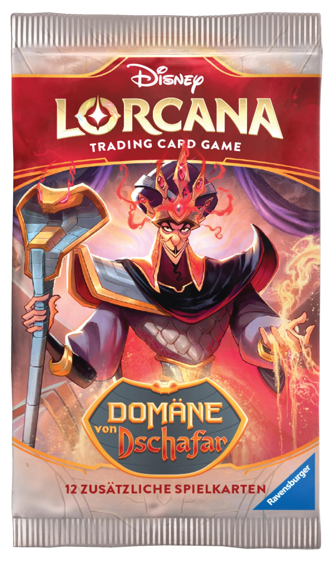 Disney Lorcana Sammelkartenspiel-Pack mit Jafar, der einen Stab hält und Magie wirkt.