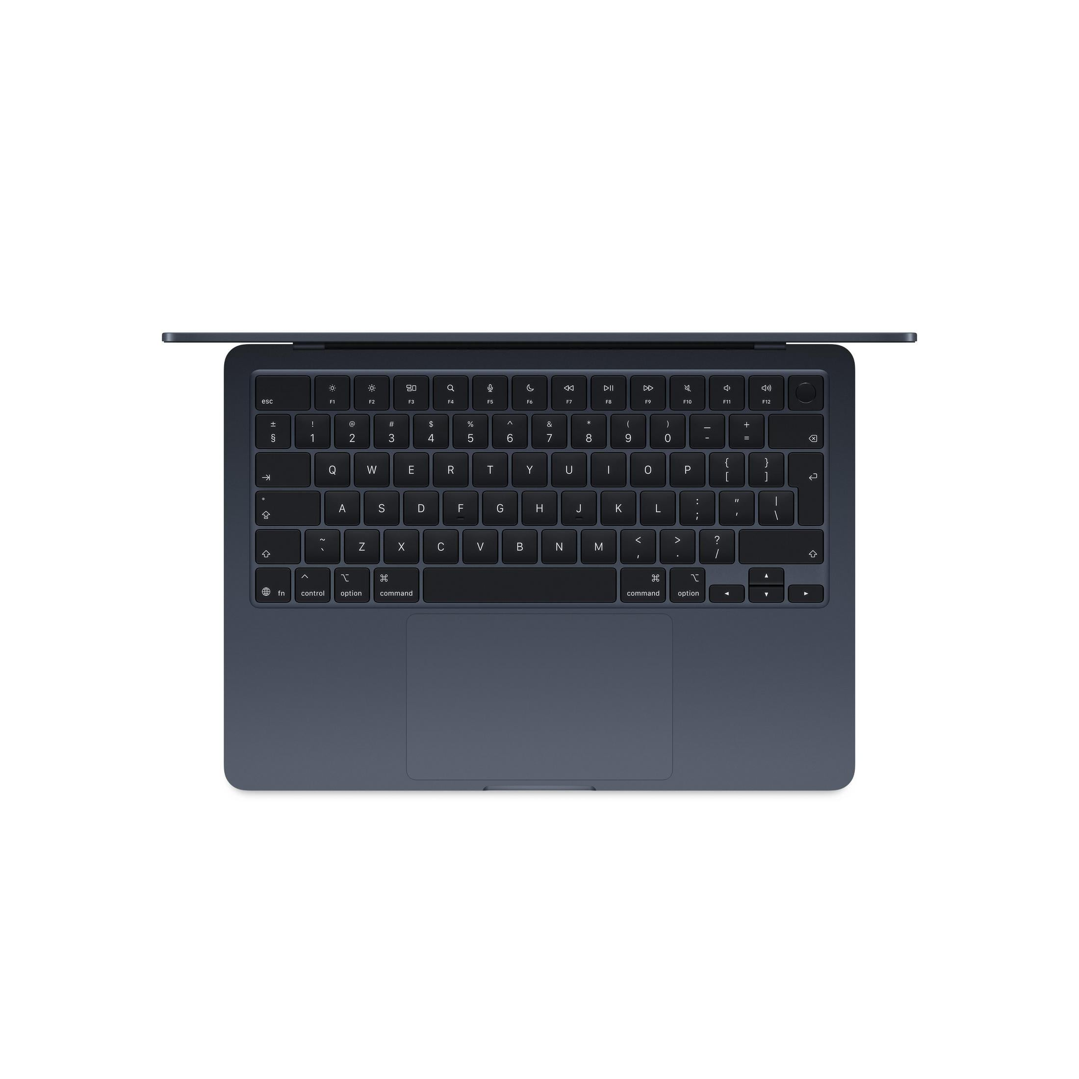Vue de dessus d'un clavier et trackpad d'ordinateur portable bleu foncé avec inscription blanche.
