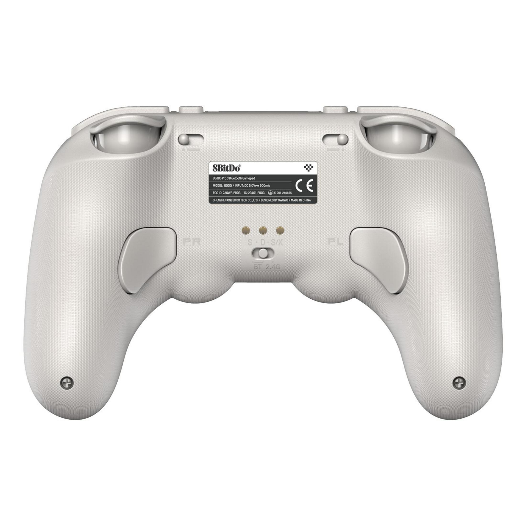 Biały tył kontrolera 8BitDo Pro 3 Bluetooth z etykietami i przyciskami.