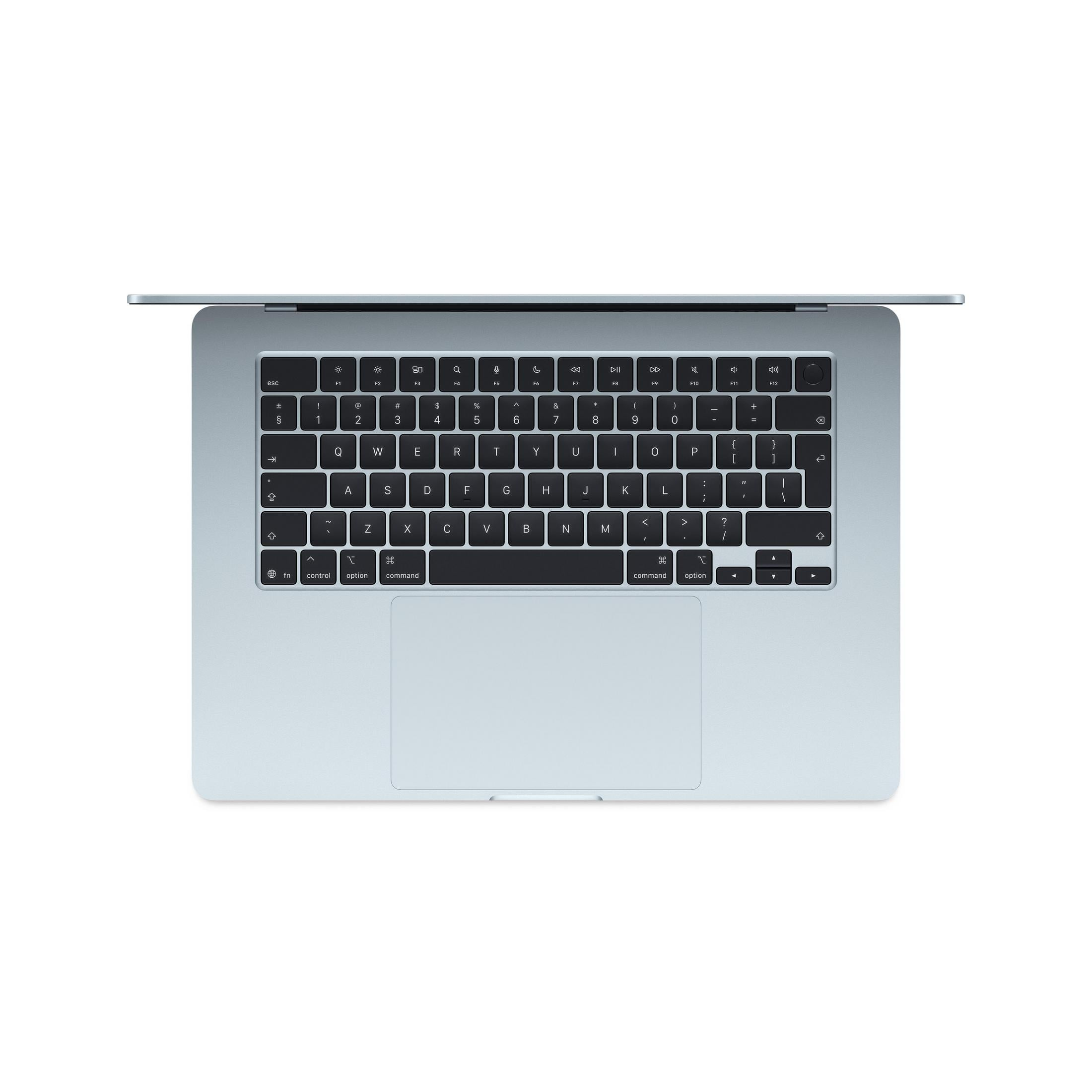 Ein hellblauer Laptop von oben gesehen, mit Tastatur und Trackpad.