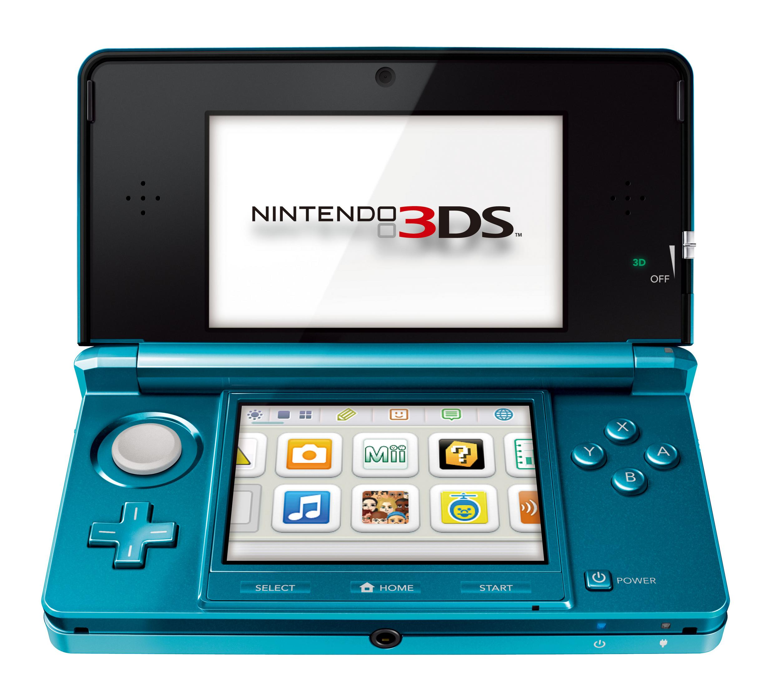 Eine türkisfarbene Nintendo 3DS XL Konsole, geöffnet, zeigt den oberen Bildschirm mit Nintendo 3DS Logo und unteren Bildschirm mit Symbolen.