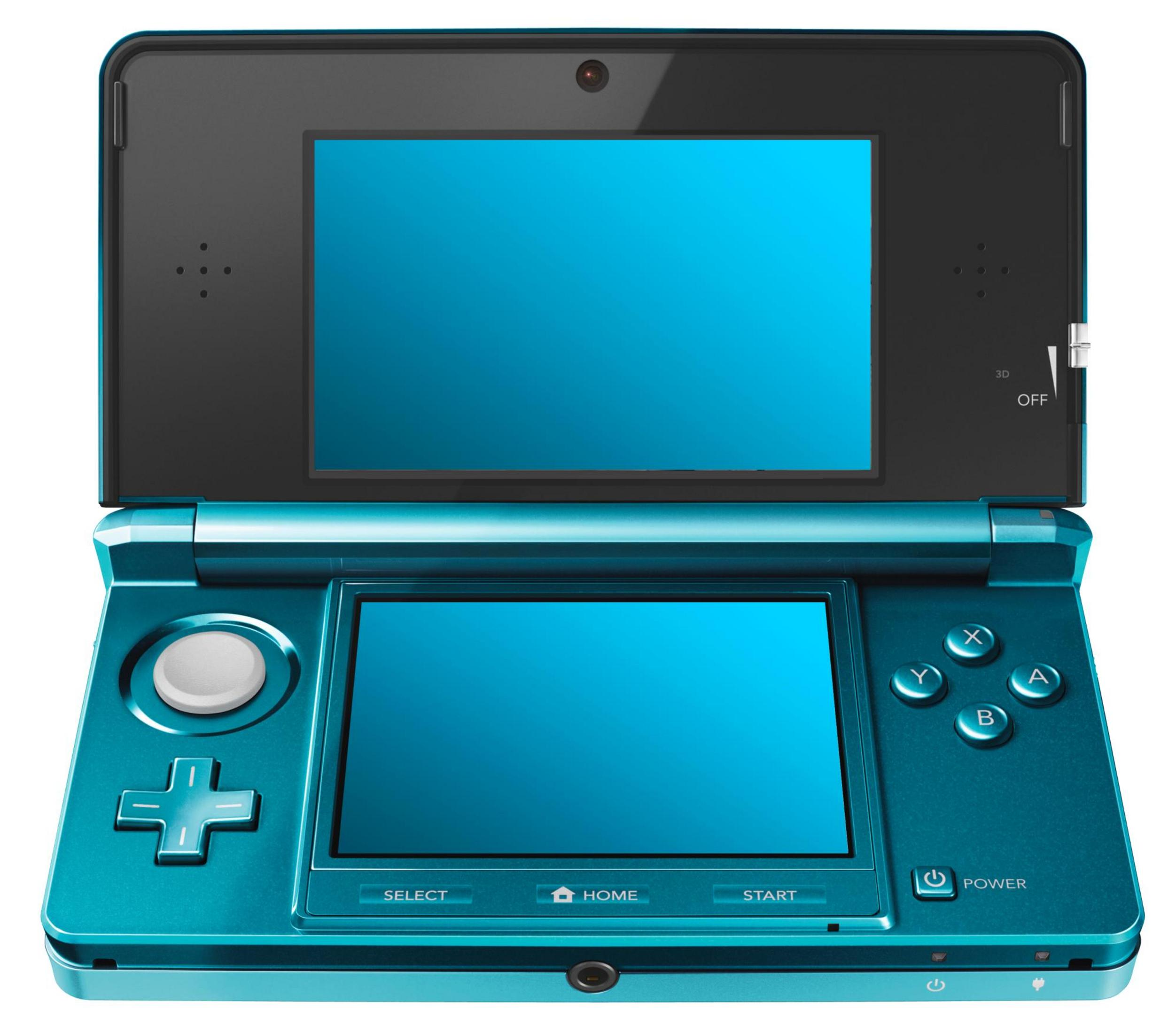 Ein teal Nintendo 3DS XL mit blauen Bildschirmen und Bedienelementen.