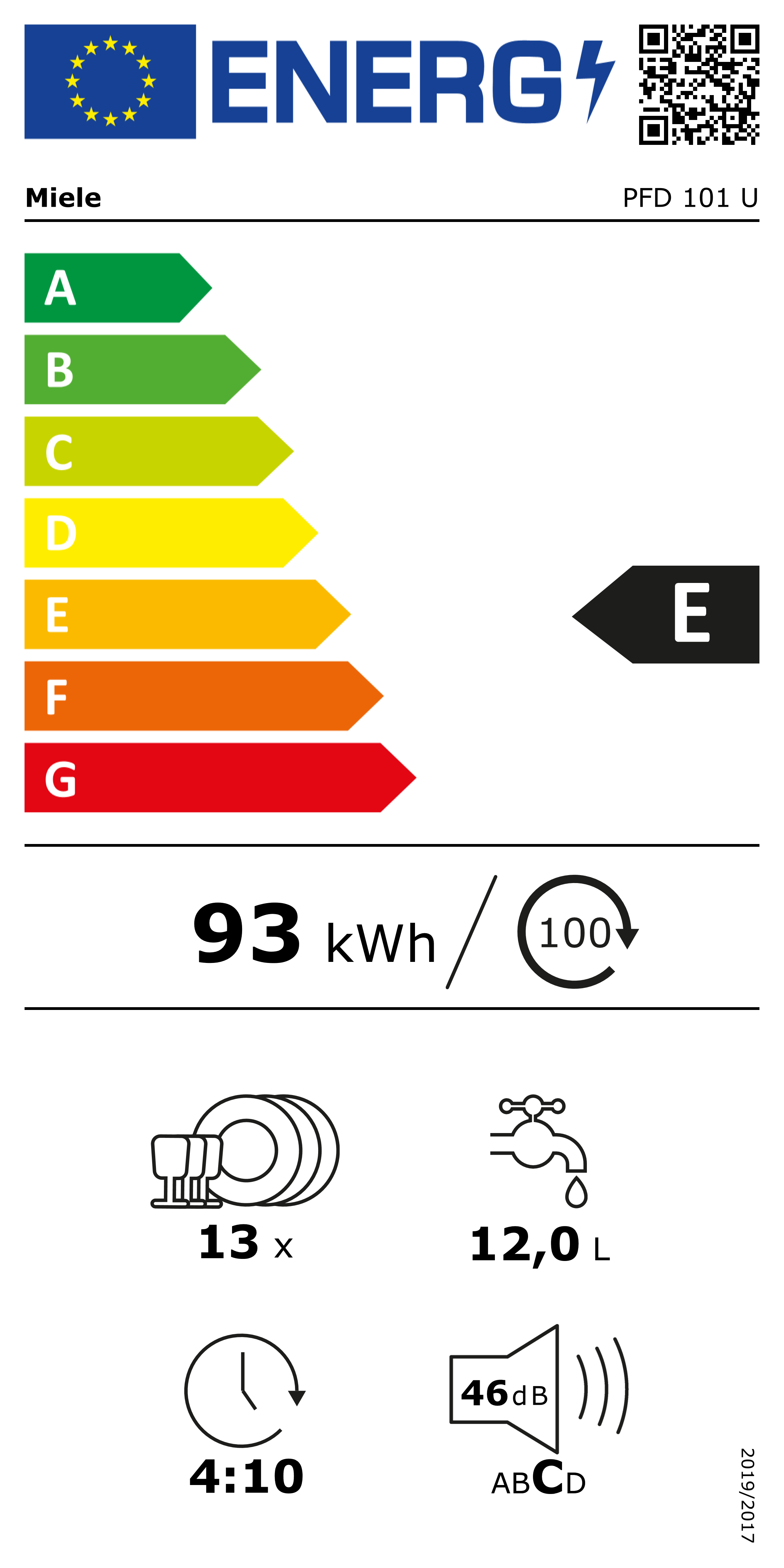 Energie-Label mit Skala A-G, Energieeffizienzklasse E, 93 kWh/100 Zyklen, 13 Gedecke, 12 L Wasser, 4:10 Dauer, 46 dB Geräuschpegel.