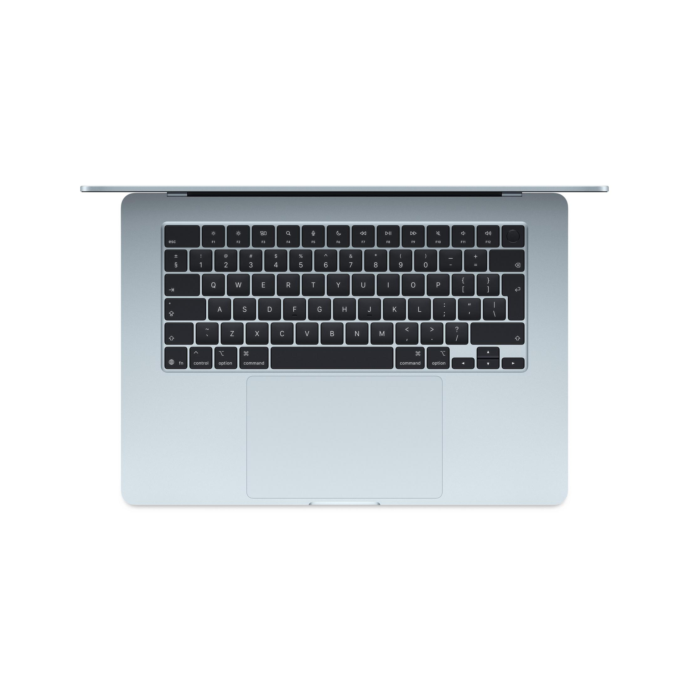 Ein hellblaues MacBook-Laptop, von oben gesehen, mit geöffnetem Deckel.