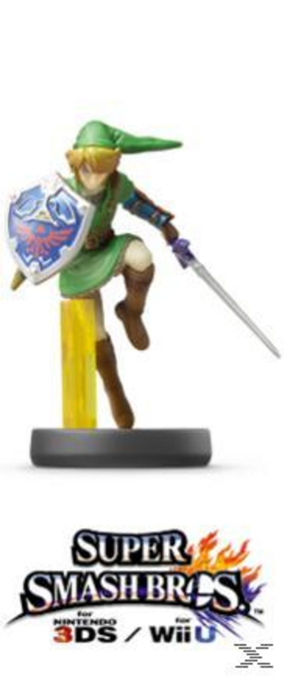 Statua di Link con scudo e spada su base con logo Super Smash Bros.