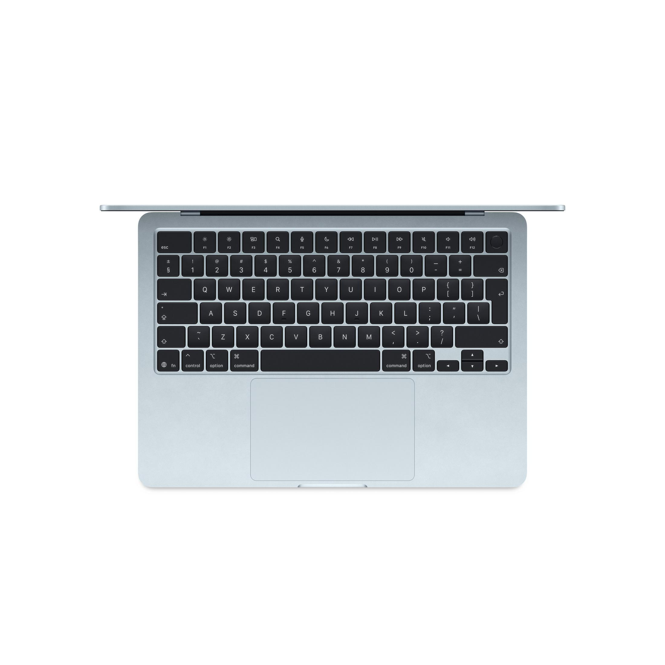 Oberansicht eines hellblauen Laptops mit Tastatur und Trackpad auf weißem Hintergrund.