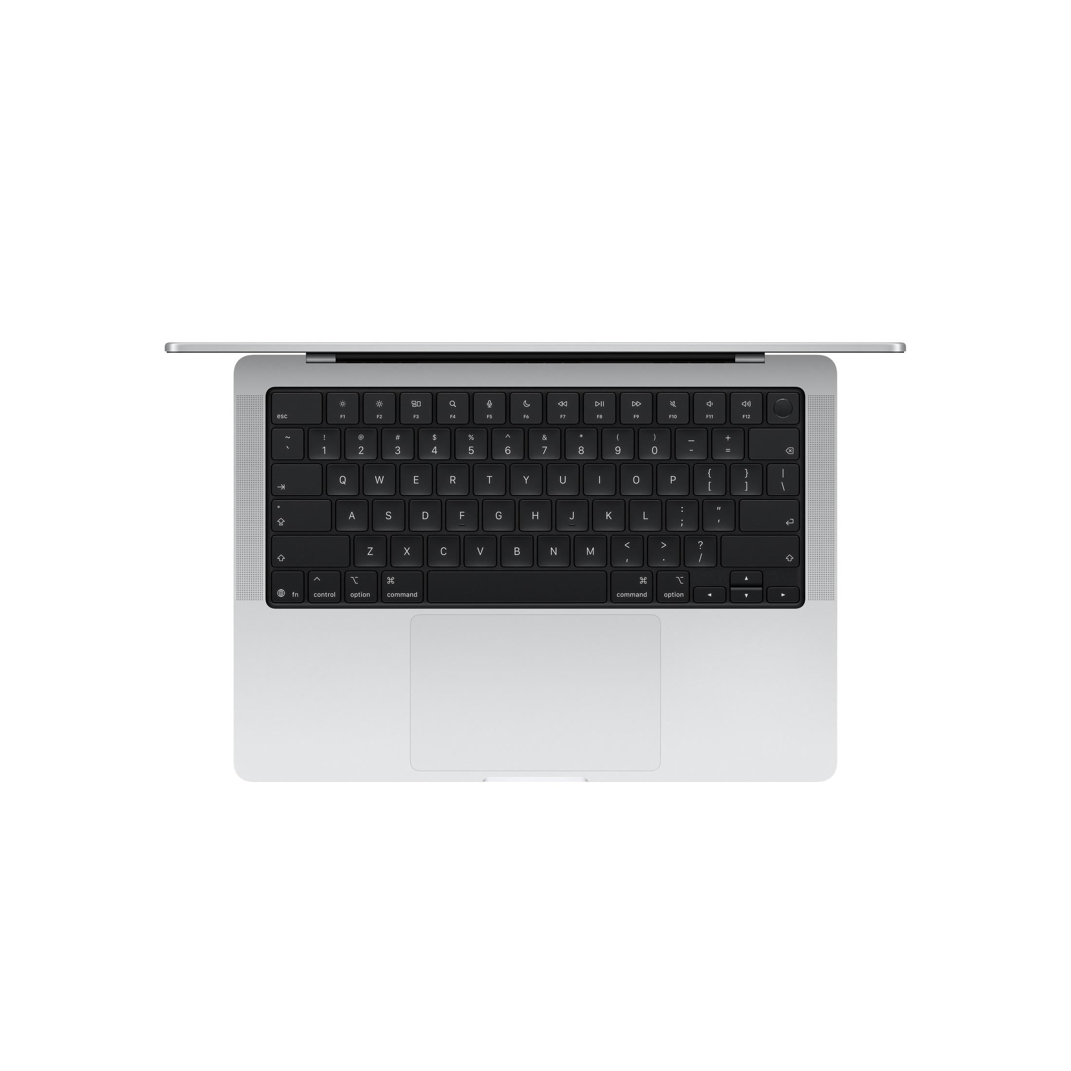 Un ordinateur portable argenté ouvert avec clavier noir et grand trackpad sur fond blanc.