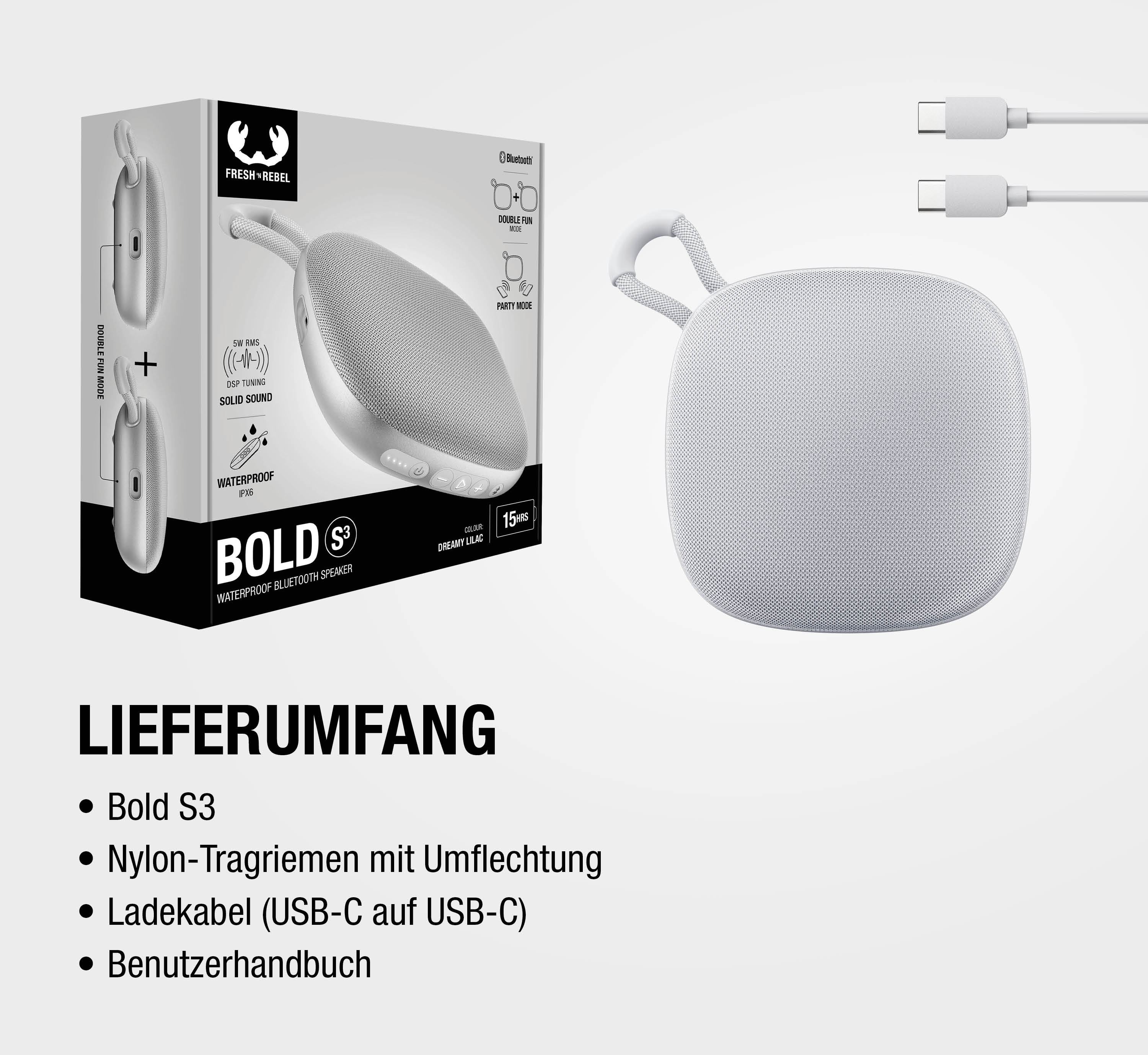 Ein weißer Fresh 'n Rebel BOLD S3 Bluetooth-Lautsprecher mit Zubehör.