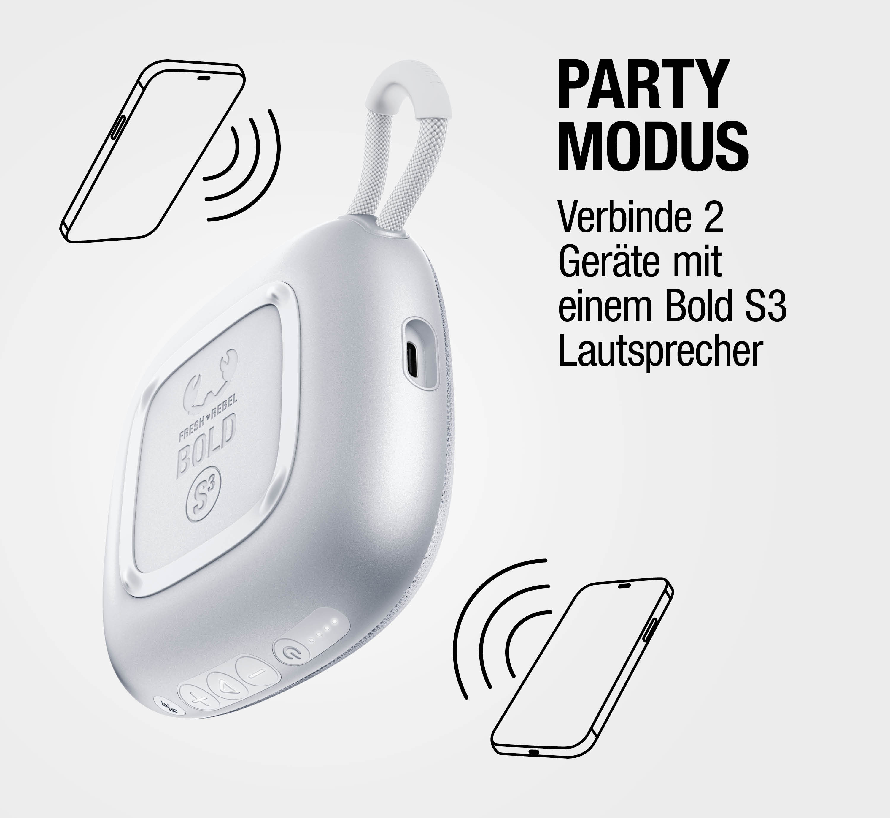 Grauer Lautsprecher mit zwei stilisierten Smartphones, die sich verbinden.