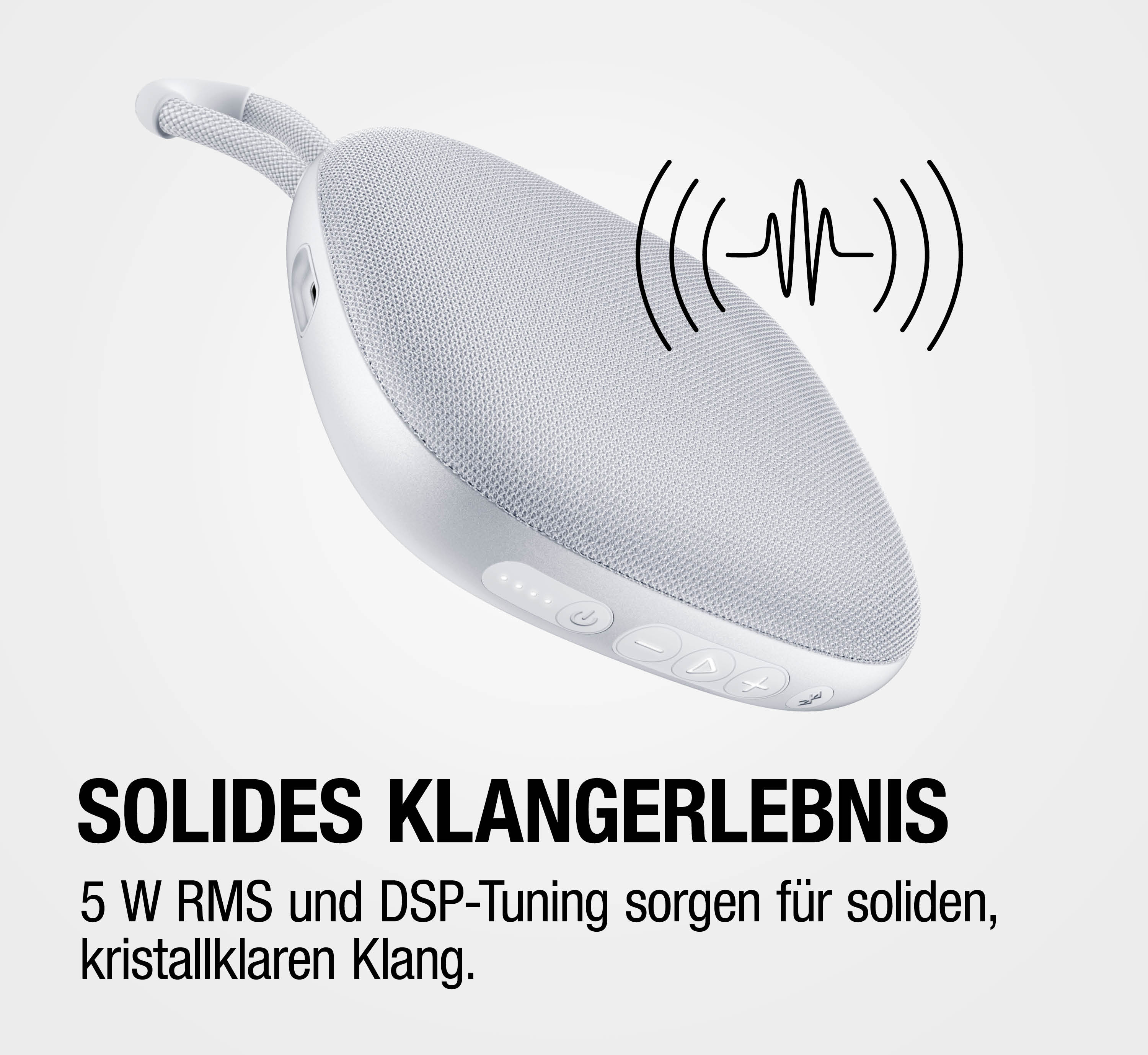 Ein weißer, ovaler Lautsprecher mit Stoffbezug und Trageschlaufe.