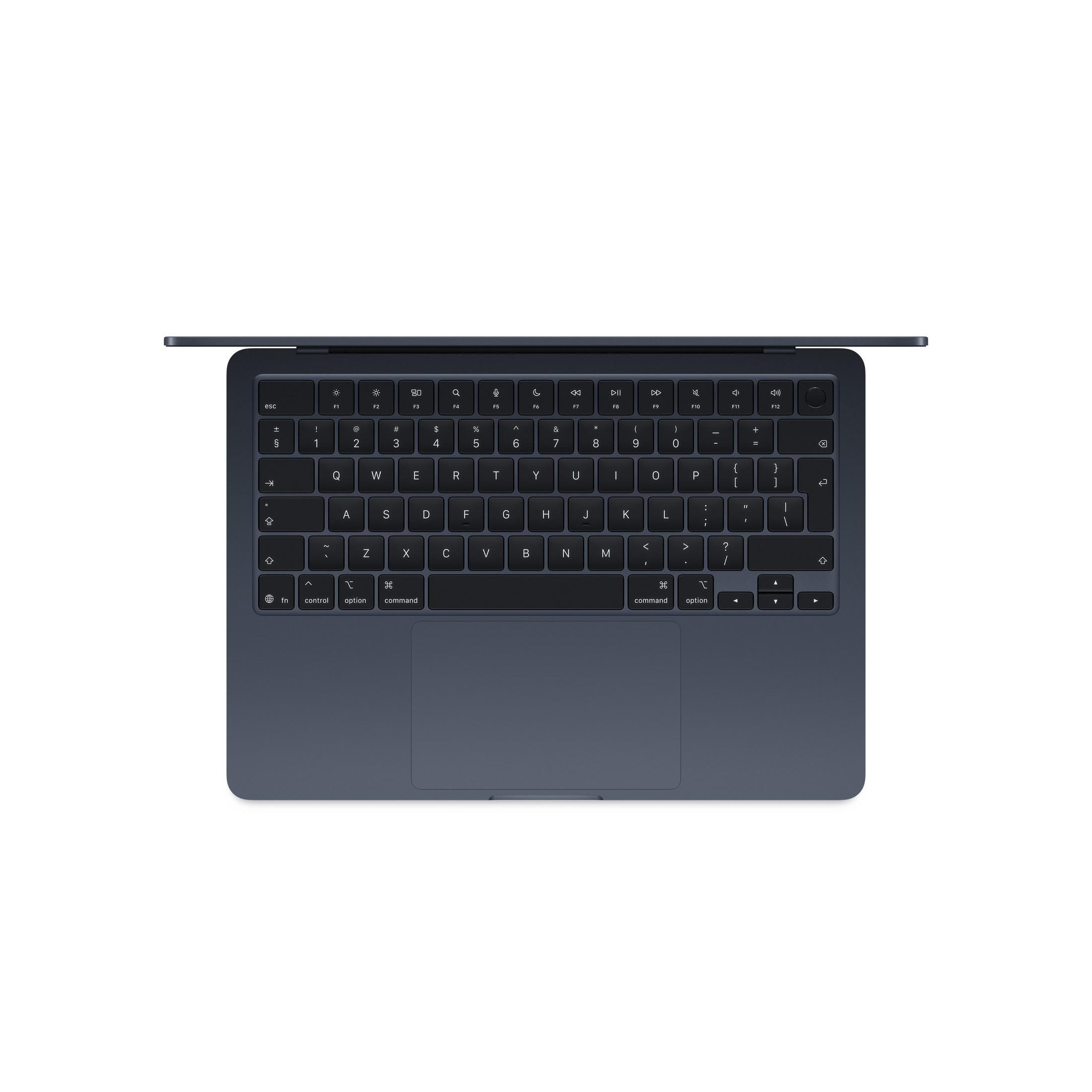 Ordinateur portable bleu foncé avec clavier et trackpad, vu de dessus.