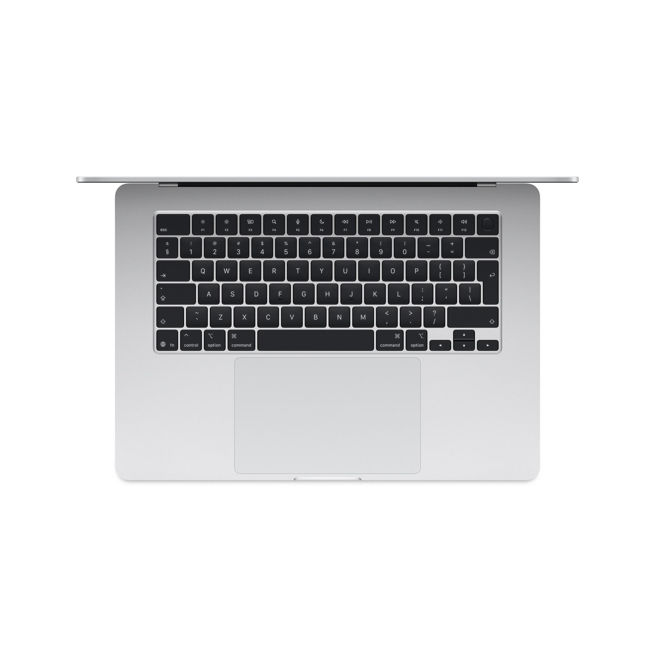 Ein silberner Laptop mit beleuchteter Tastatur und großem Trackpad.