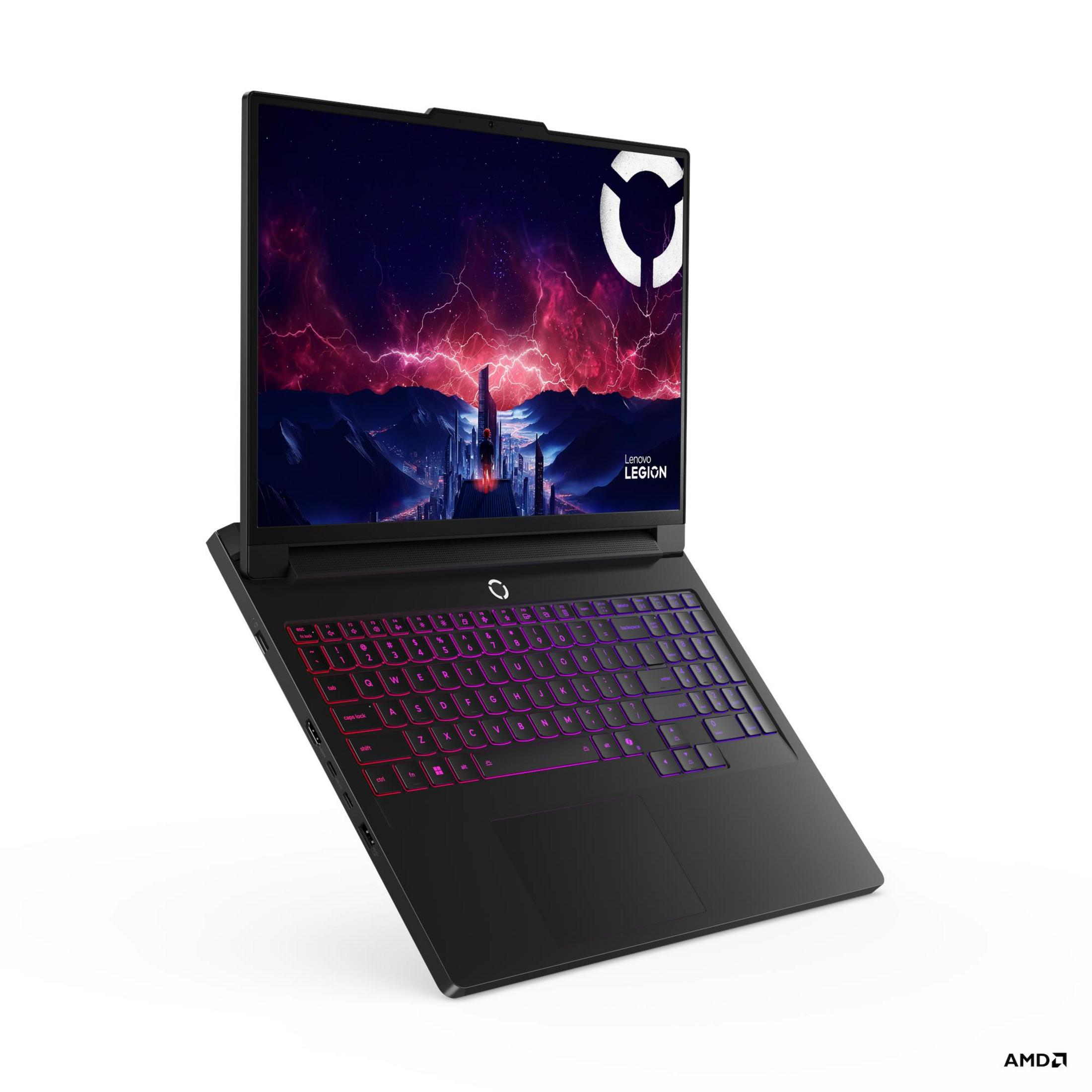 Schwarzer Lenovo Legion Laptop mit lebendigem, futuristischem Hintergrundbild.