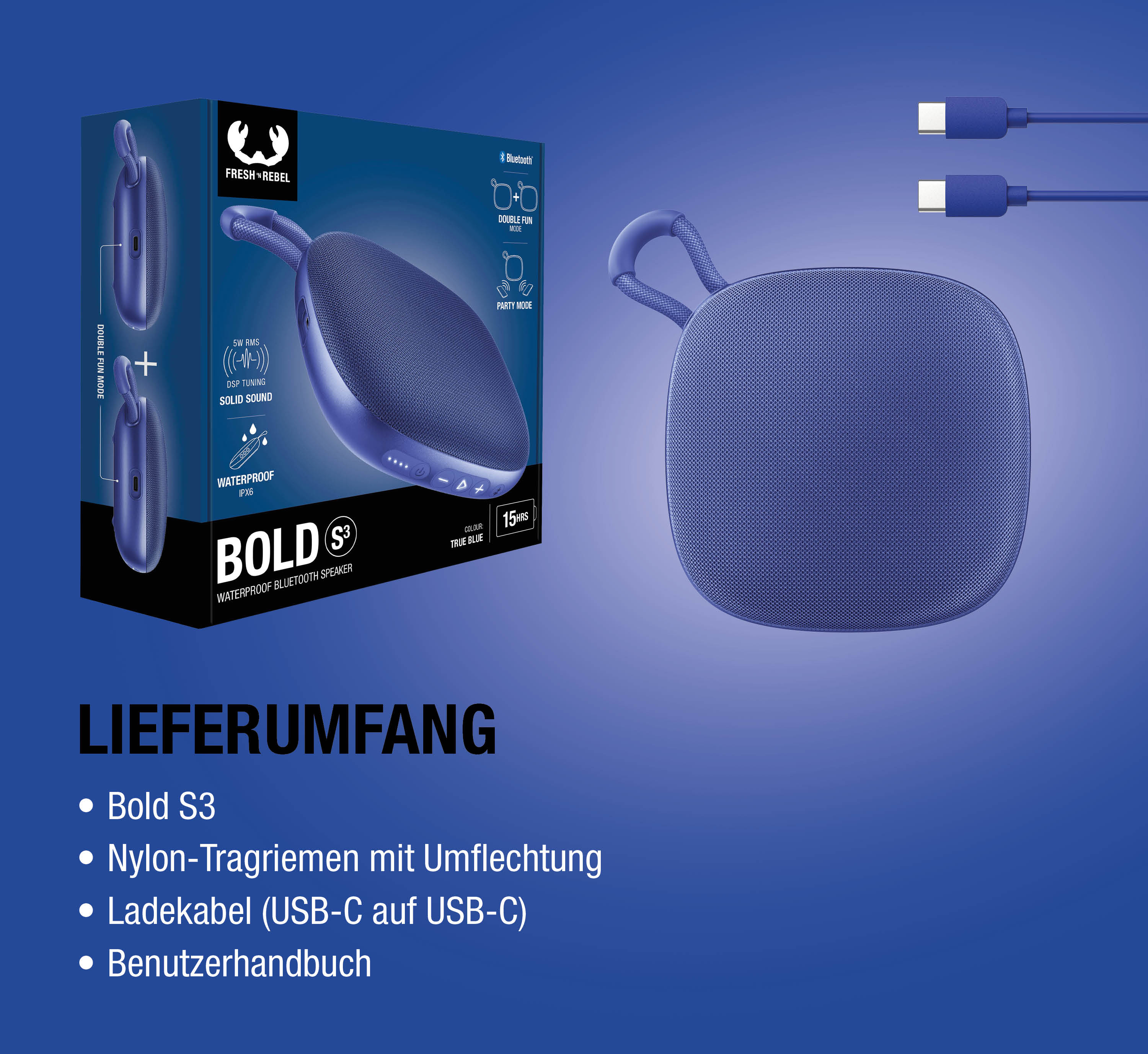 Ein blauer Bluetooth-Lautsprecher mit Ladekabel, auf blauem Hintergrund.