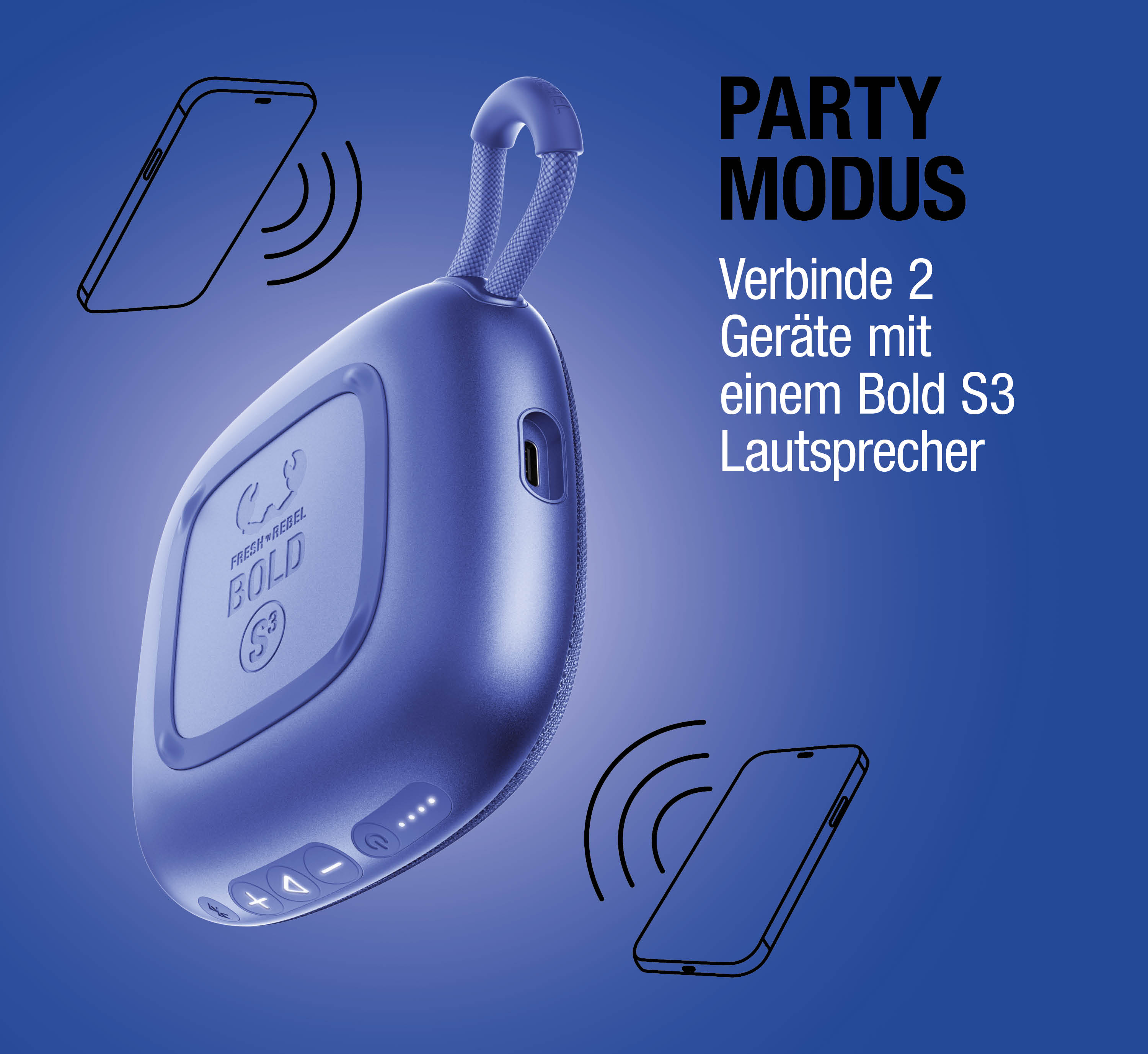 Blauer Lautsprecher mit zwei Smartphones, die eine Verbindung herstellen.