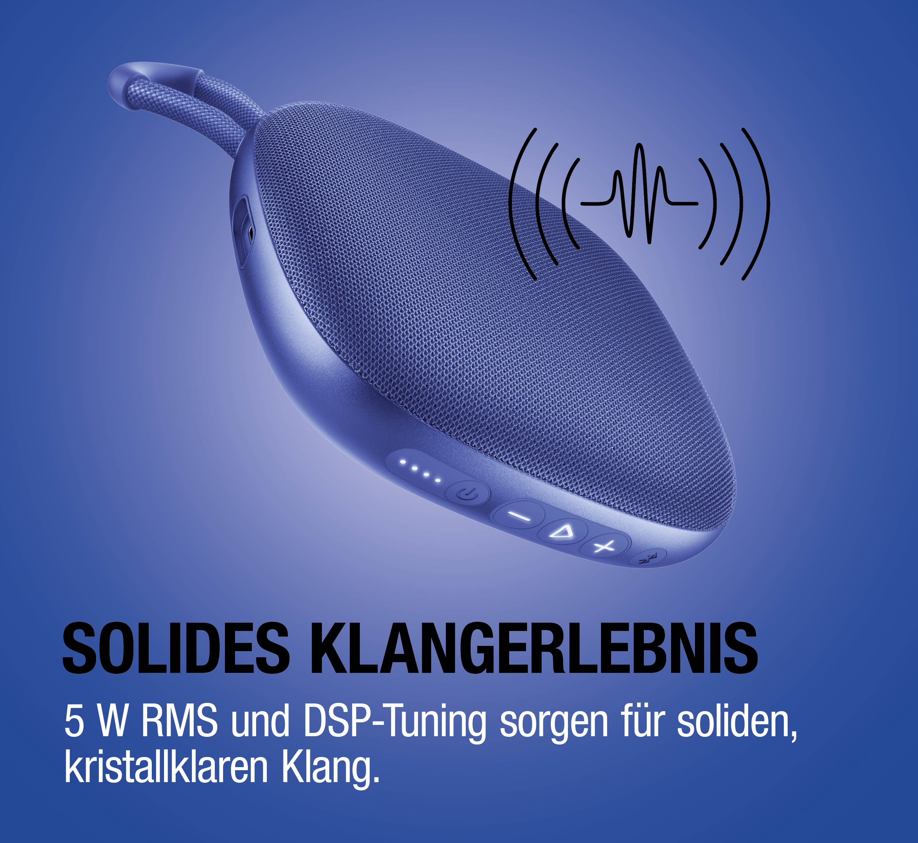 Ein blauer Lautsprecher mit Griff und Schallwellen-Symbol.