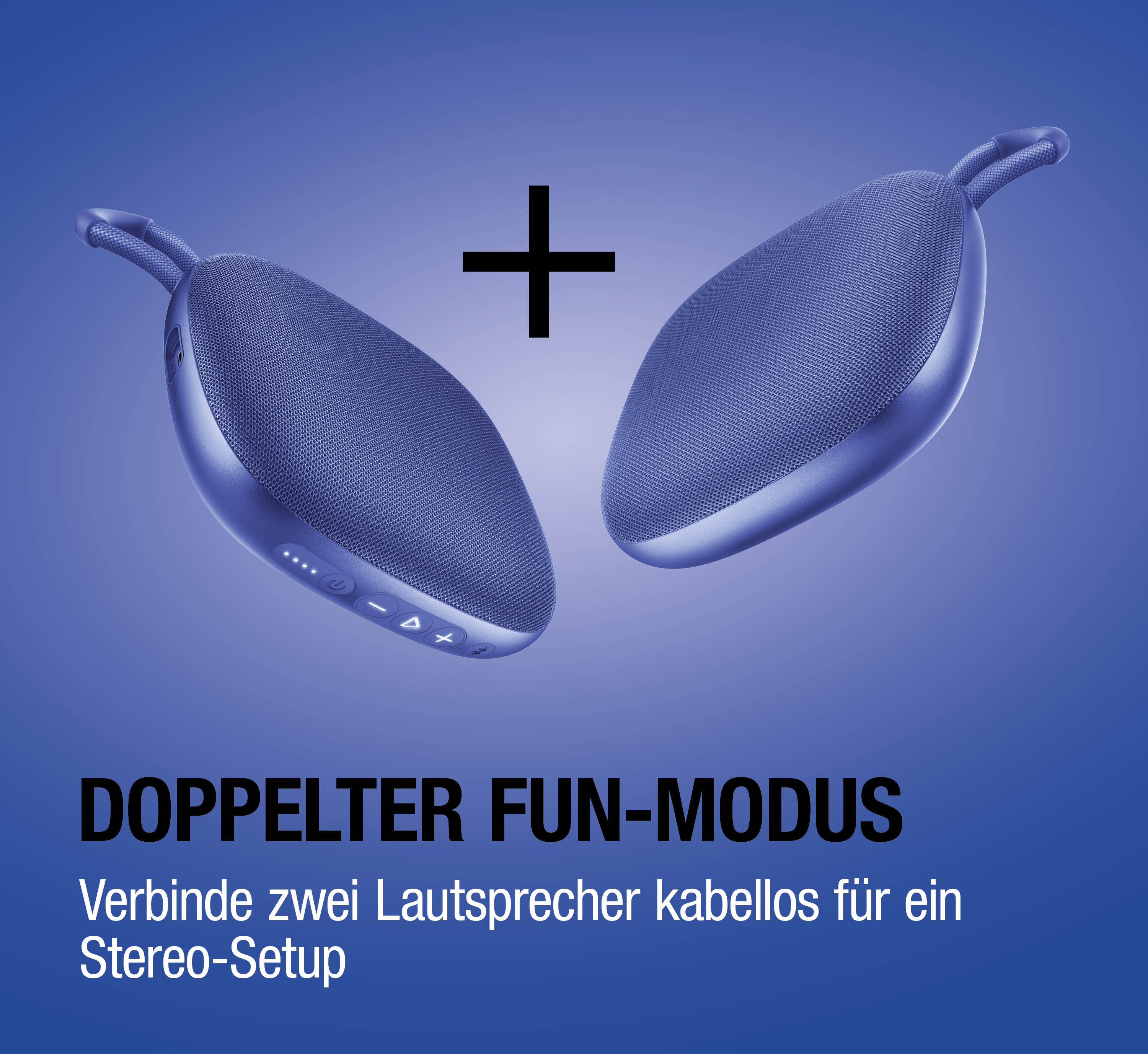 Zwei blaue Lautsprecher mit einem Pluszeichen dazwischen auf blauem Hintergrund.