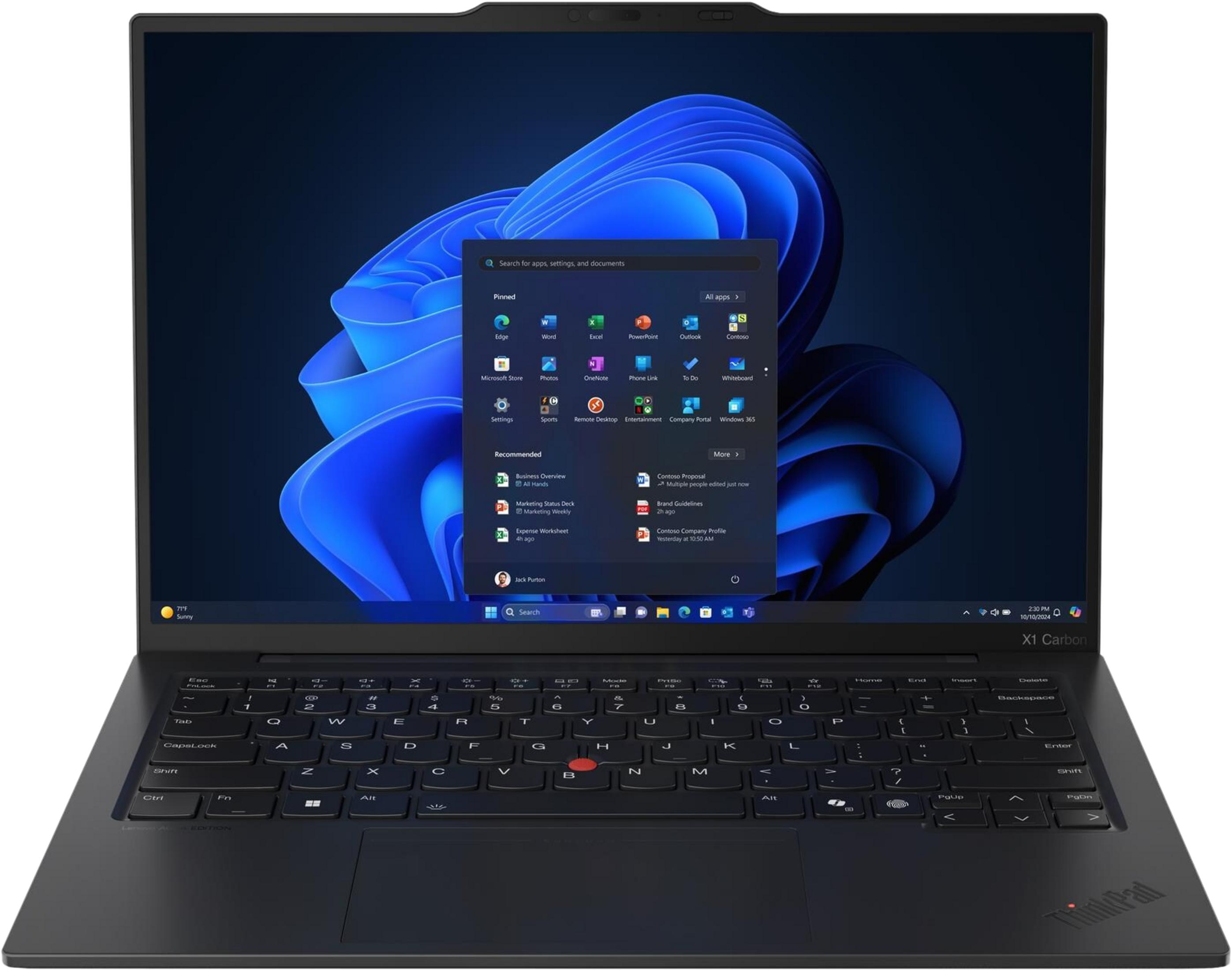 Schwarzer Lenovo X1 Carbon Laptop zeigt Windows 11 Startmenü mit Apps.