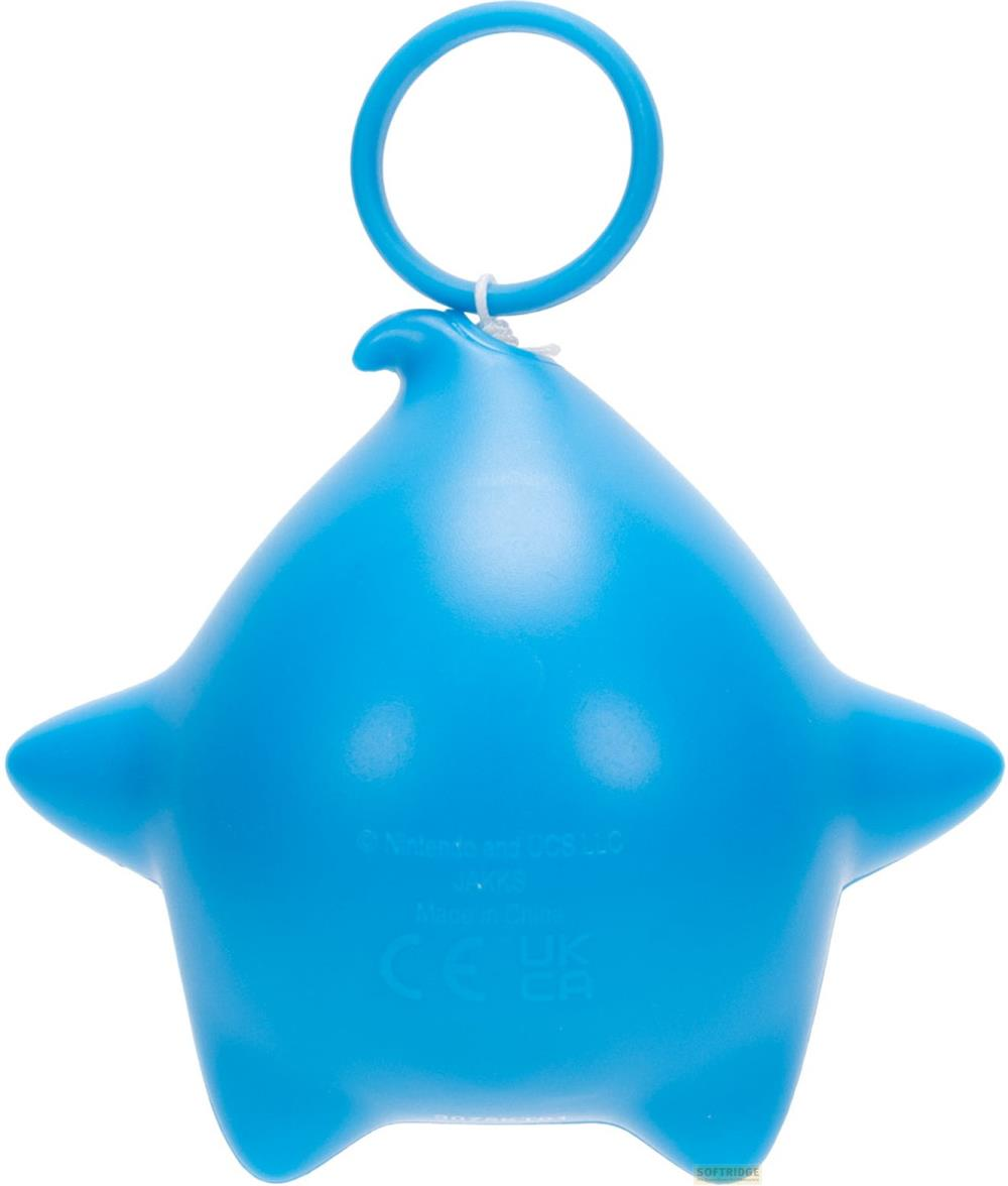 Ein blaues, sternförmiges Spielzeug mit einem Ring oben. Text ist auf der Rückseite aufgedruckt.