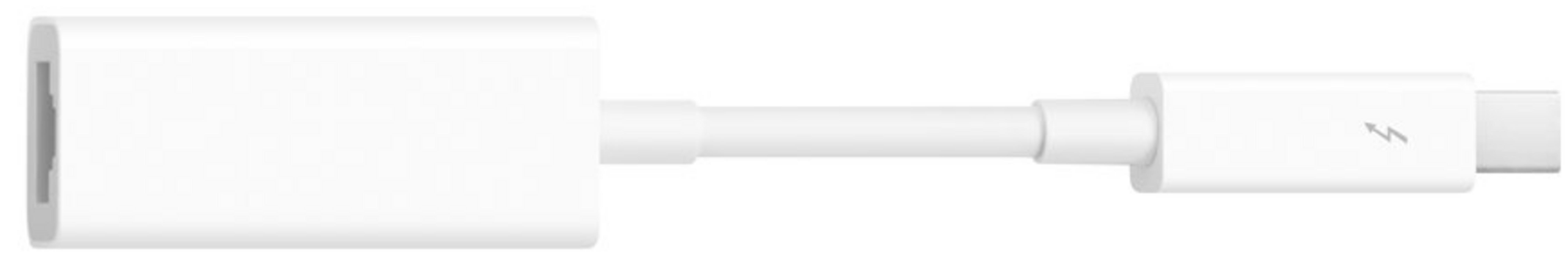 Ein weißer Adapter mit Thunderbolt-Symbol, der eine Verbindung herstellt.