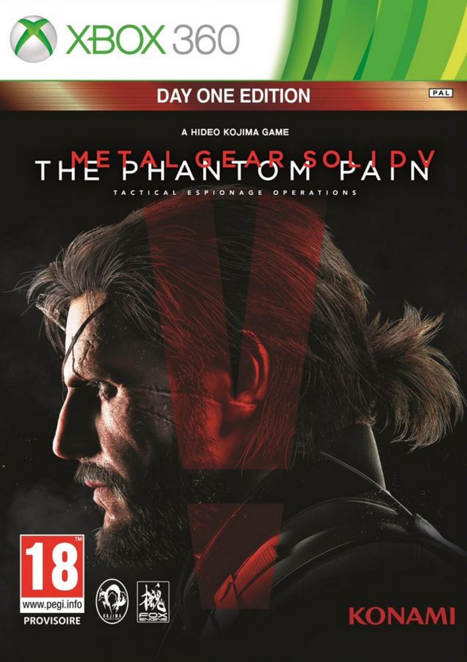 Copertina Metal Gear Solid V: Uomo con benda, logo Xbox 360, PEGI 18.