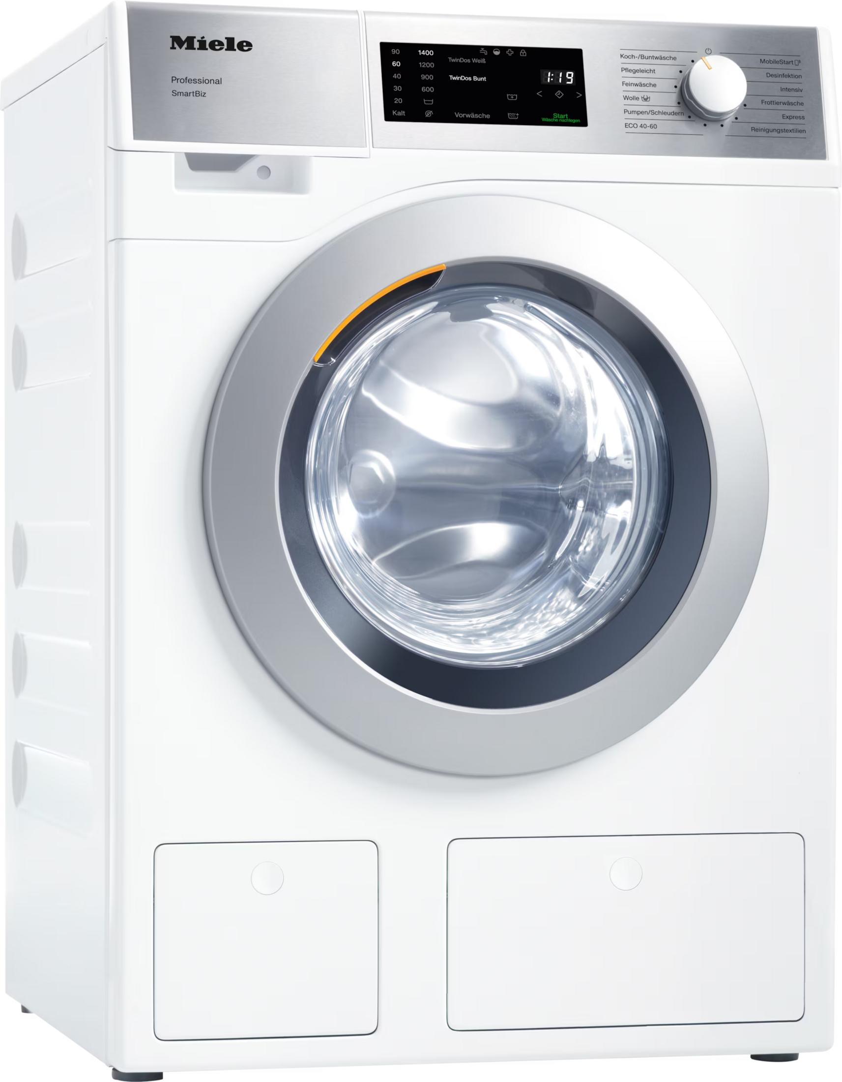 Eine weiße Miele Waschmaschine mit silbernem Bedienfeld und runder Tür.