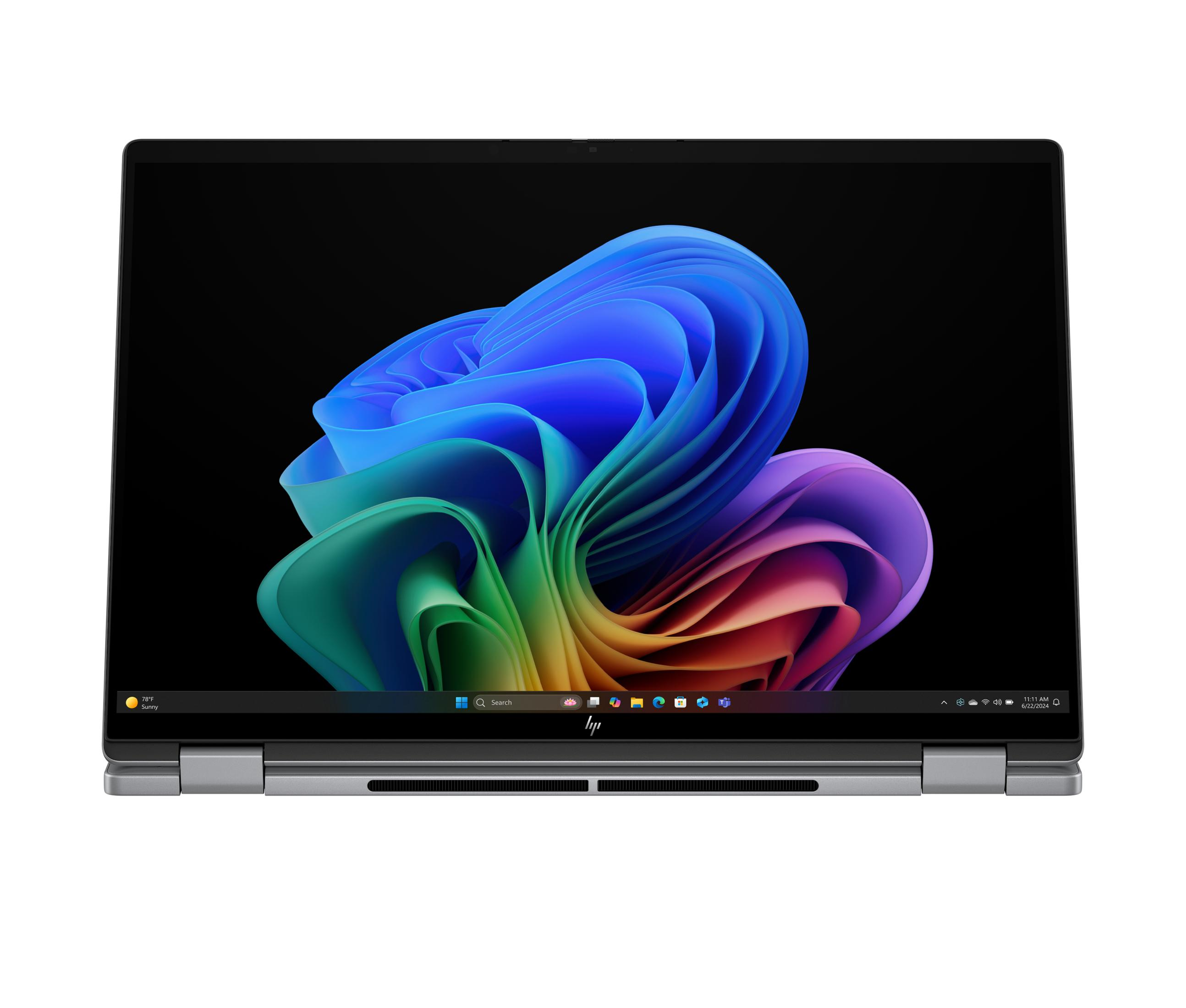 Ein geöffneter Laptop mit einem bunten, abstrakten Hintergrundbild und einer Taskleiste.