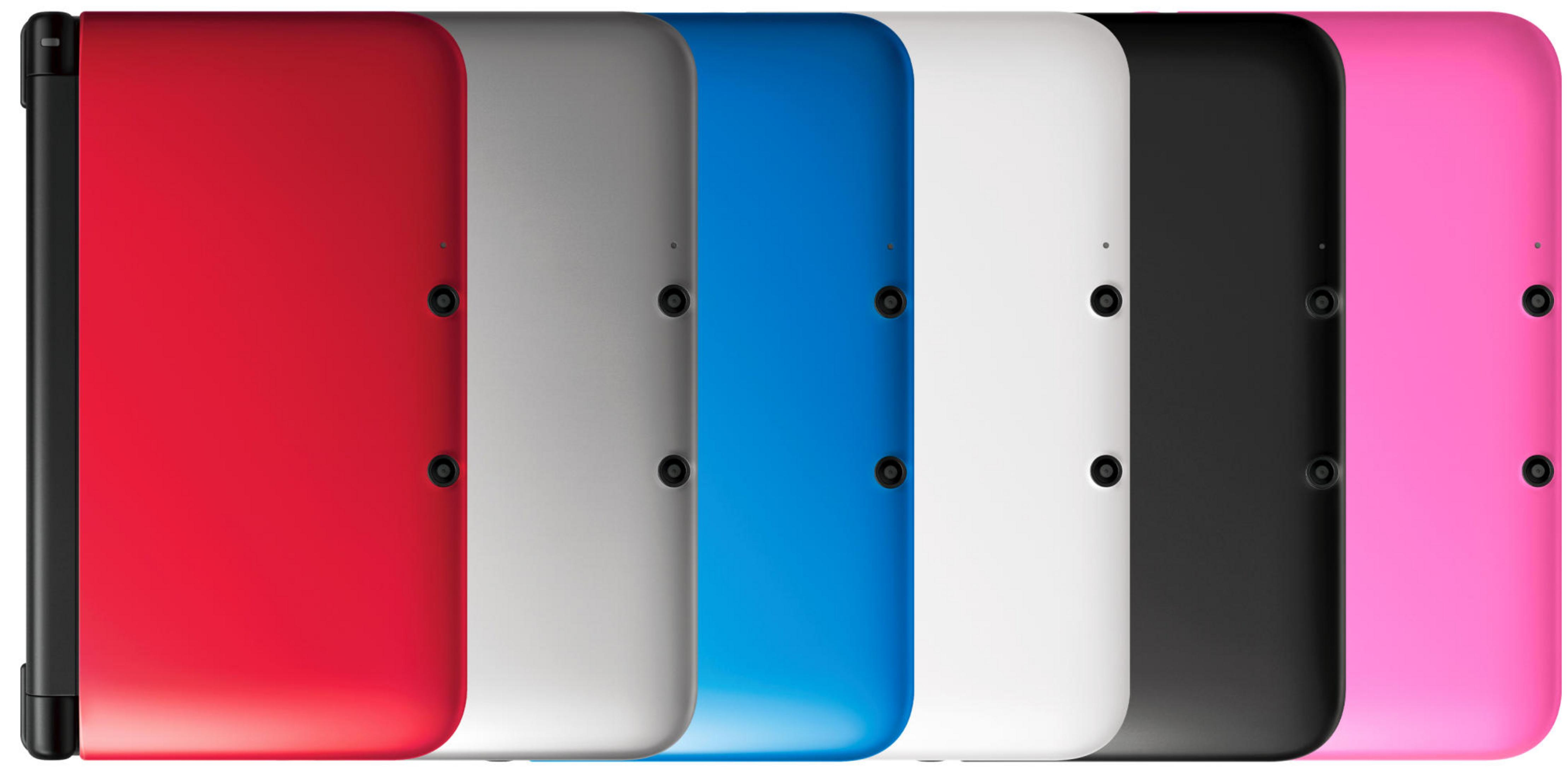 Sechs Nintendo 3DS-Konsolen in Rot, Silber, Blau, Weiß, Schwarz und Pink nebeneinander.