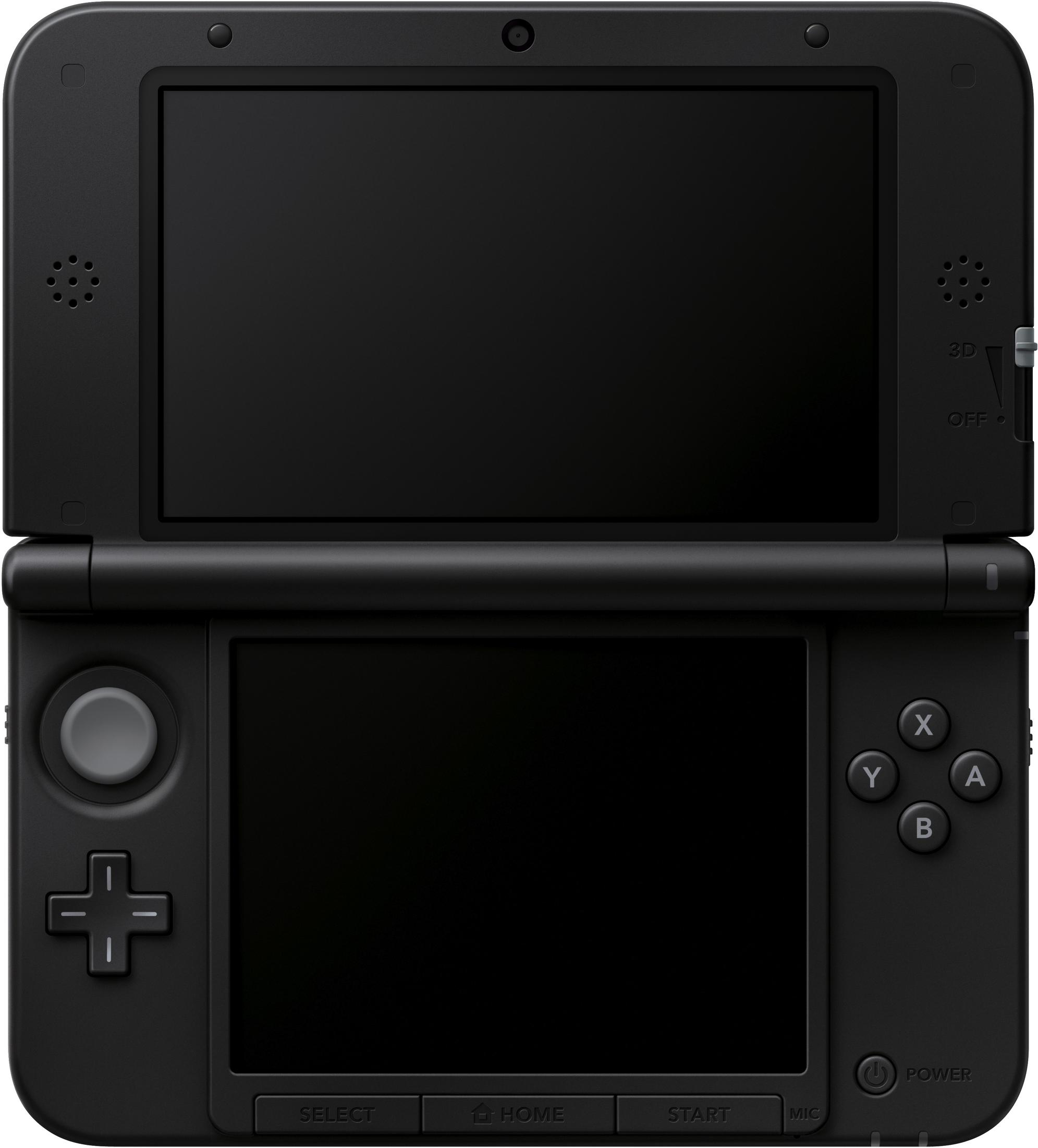 Ein schwarzes Nintendo 3DS XL-Handheld-Gaming-Gerät mit zwei Bildschirmen.