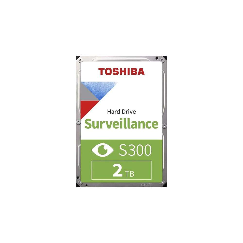 Hard disk di sorveglianza Toshiba S300 da 2TB con etichetta argento e verde.