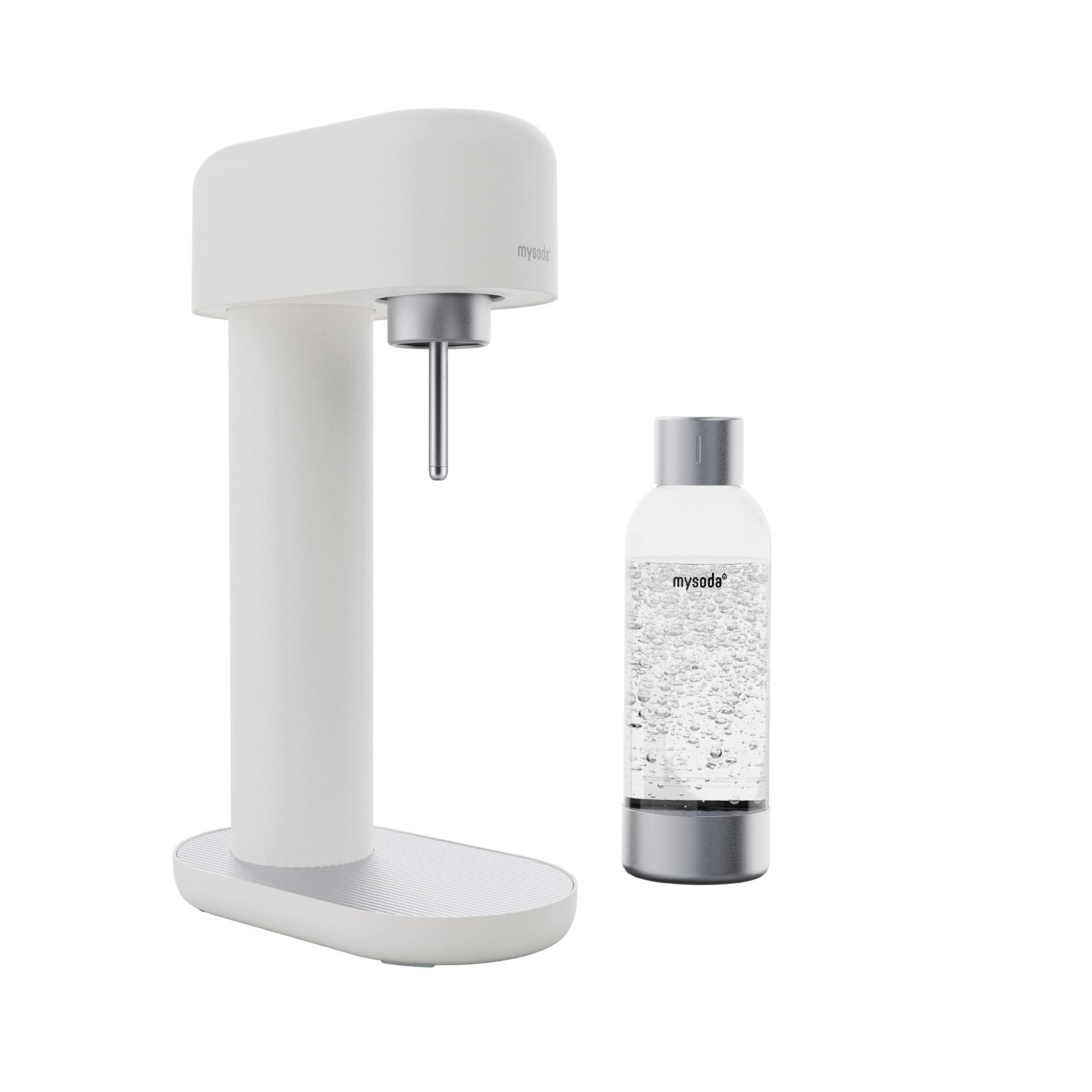 A white soda maker with a silver base and a clear bottle filled with bubbles.