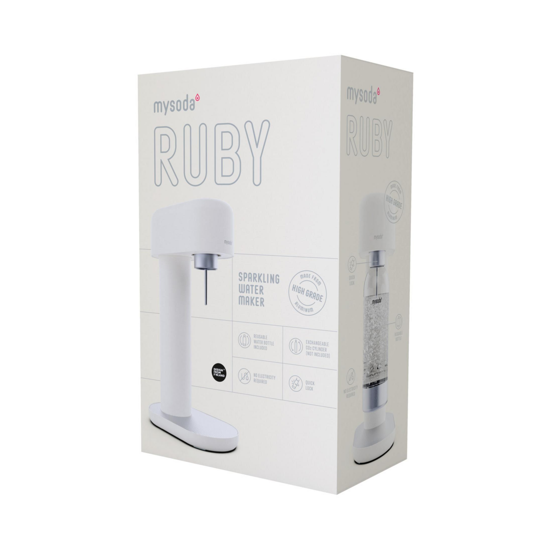 Packaging of a white Mysoda Ruby sparkling water maker with detailed product information.