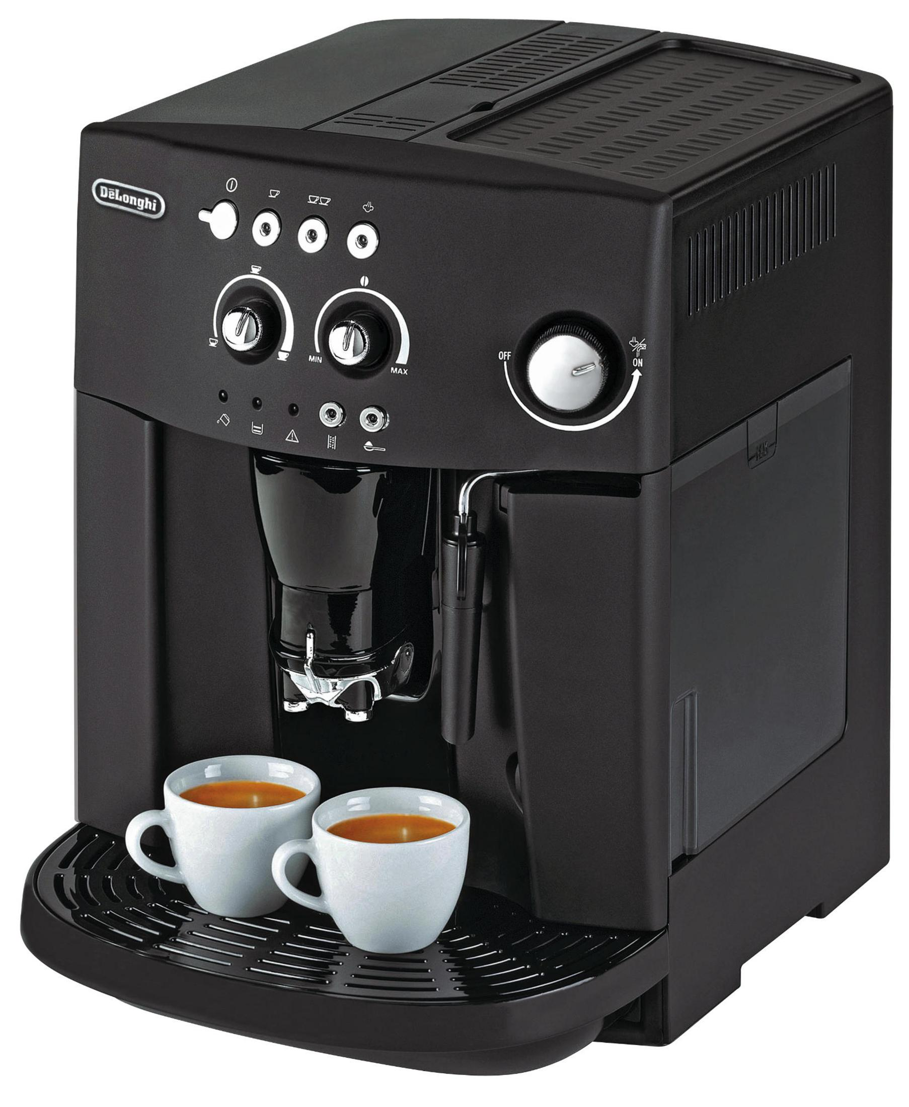 Cafetera negra con dos tazas de espresso en la bandeja de goteo.