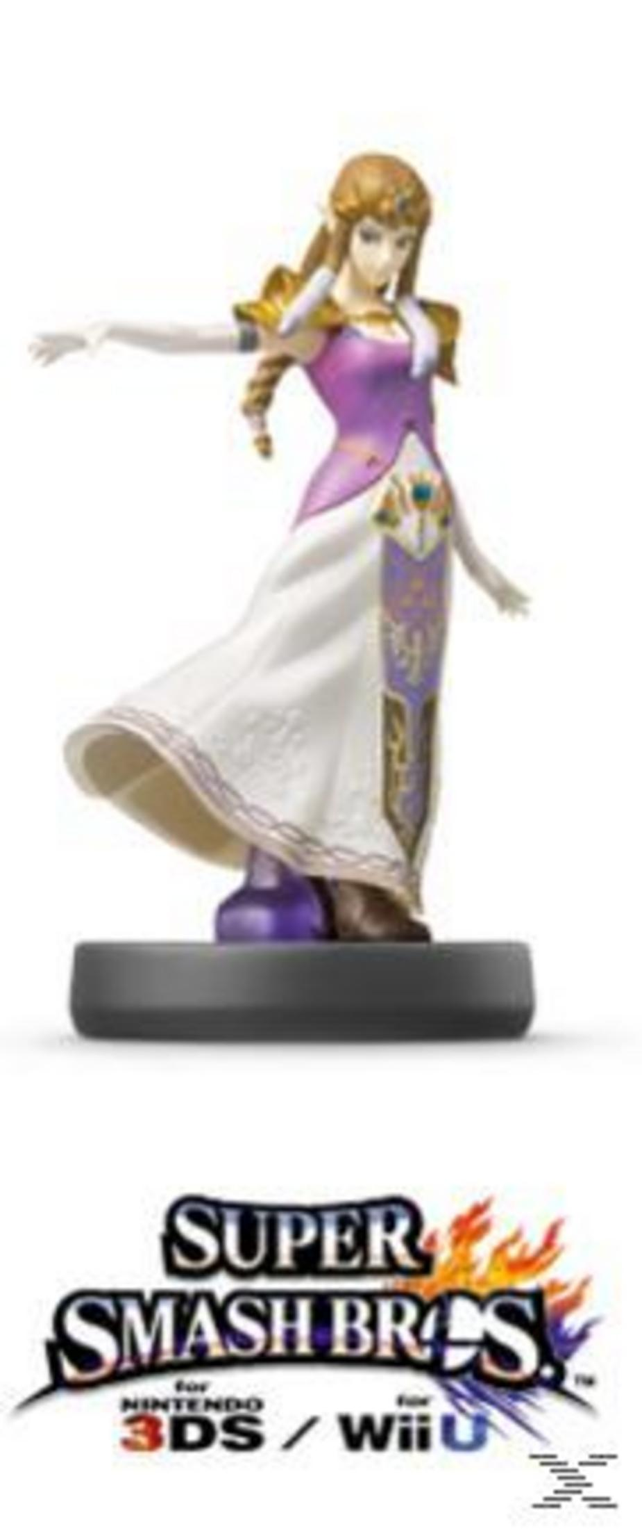 Eine Figur von Prinzessin Zelda mit lila und weißem Kleid auf einem Sockel.