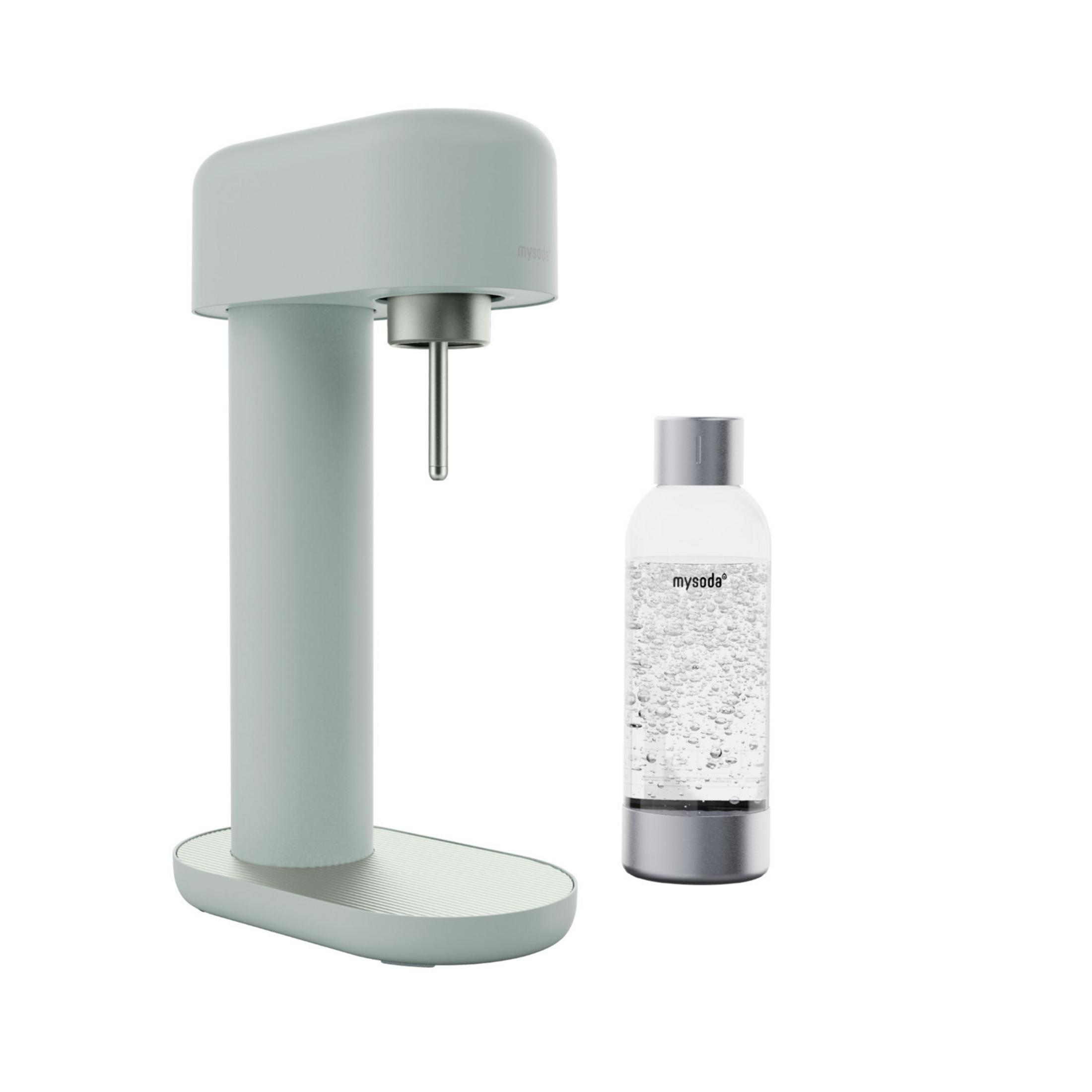 A pale green soda maker next to a full, bubbly water bottle.