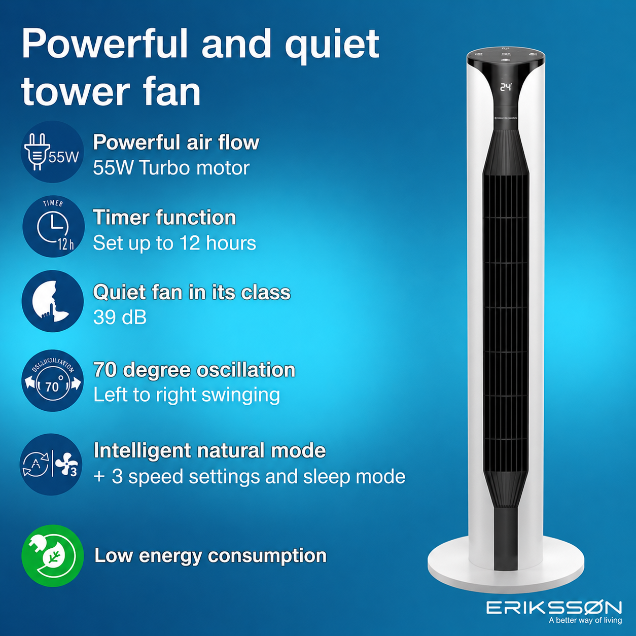 Ventilador de torre blanco con rejilla negra y pantalla digital. Características: 55W, temporizador, 39dB, oscilación 70°.