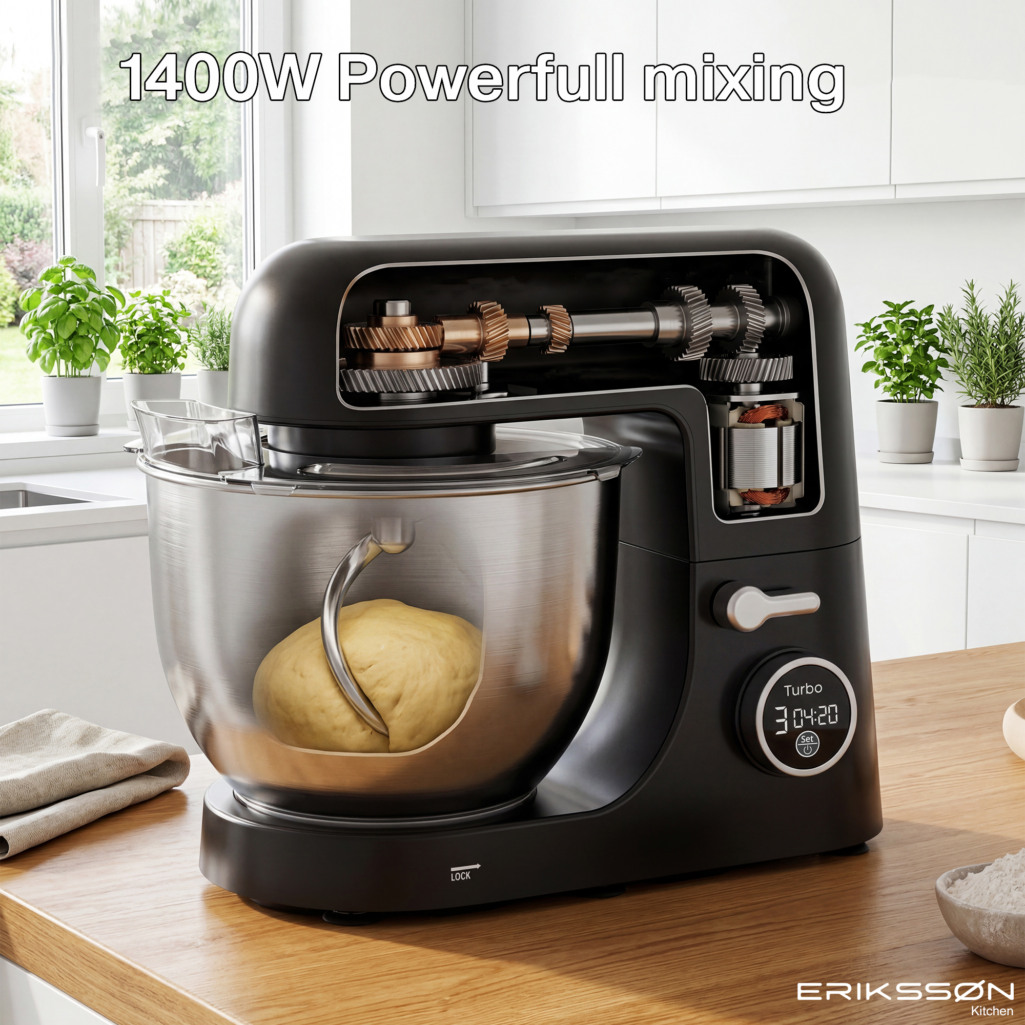 Ein schwarzer Küchenmixer mit freigelegtem Getriebe und Teig in der Schüssel.