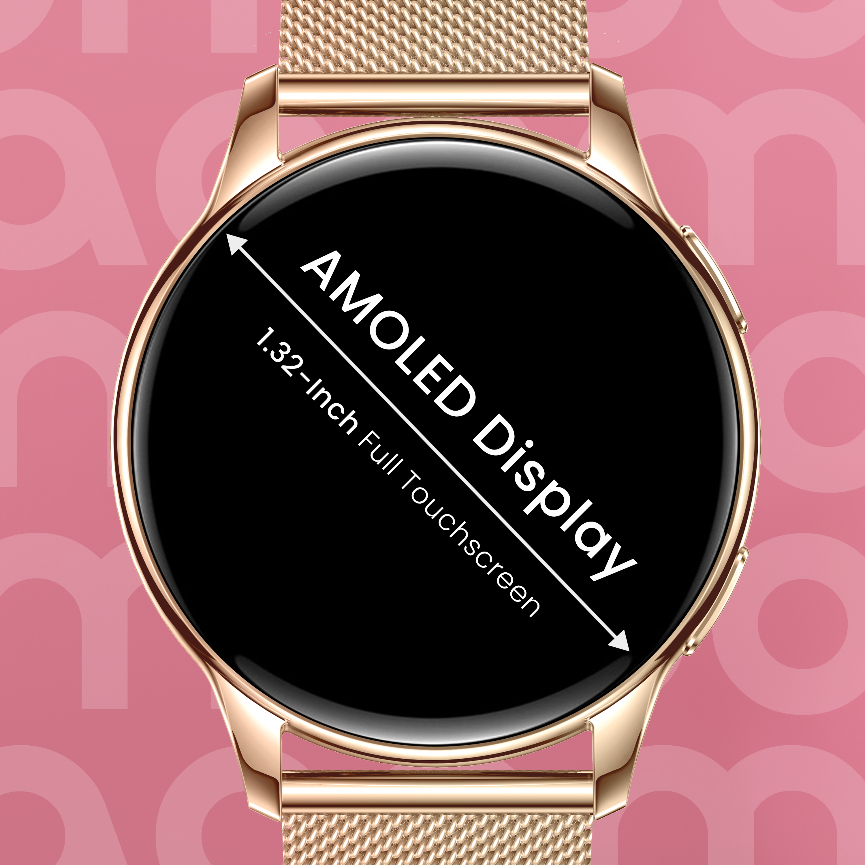 Smartwatch dorato con display AMOLED nero rotondo su sfondo rosa.
