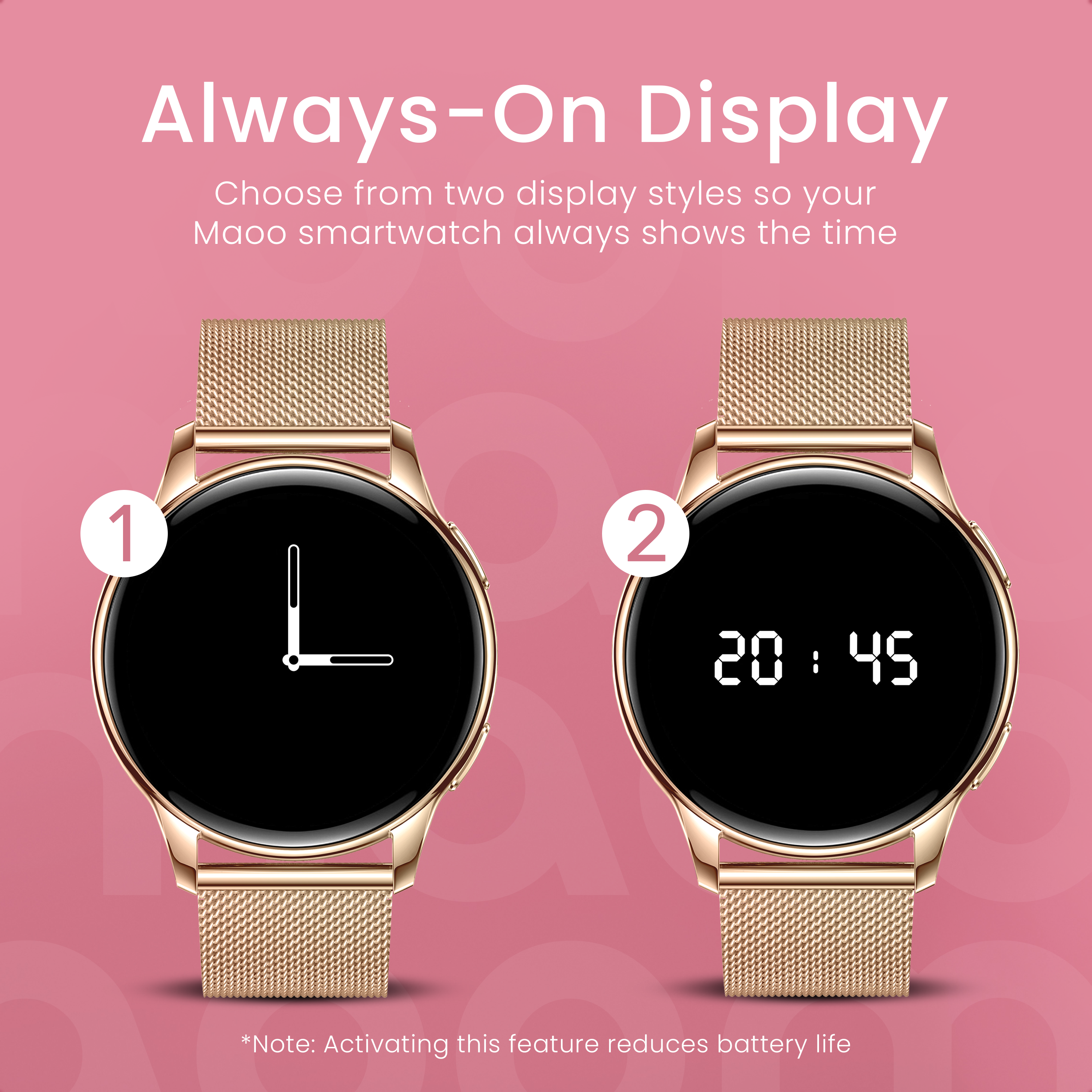 Due smartwatch dorate con cinturino in maglia su sfondo rosa. Una mostra ora analogica, l'altra digitale 20:45.