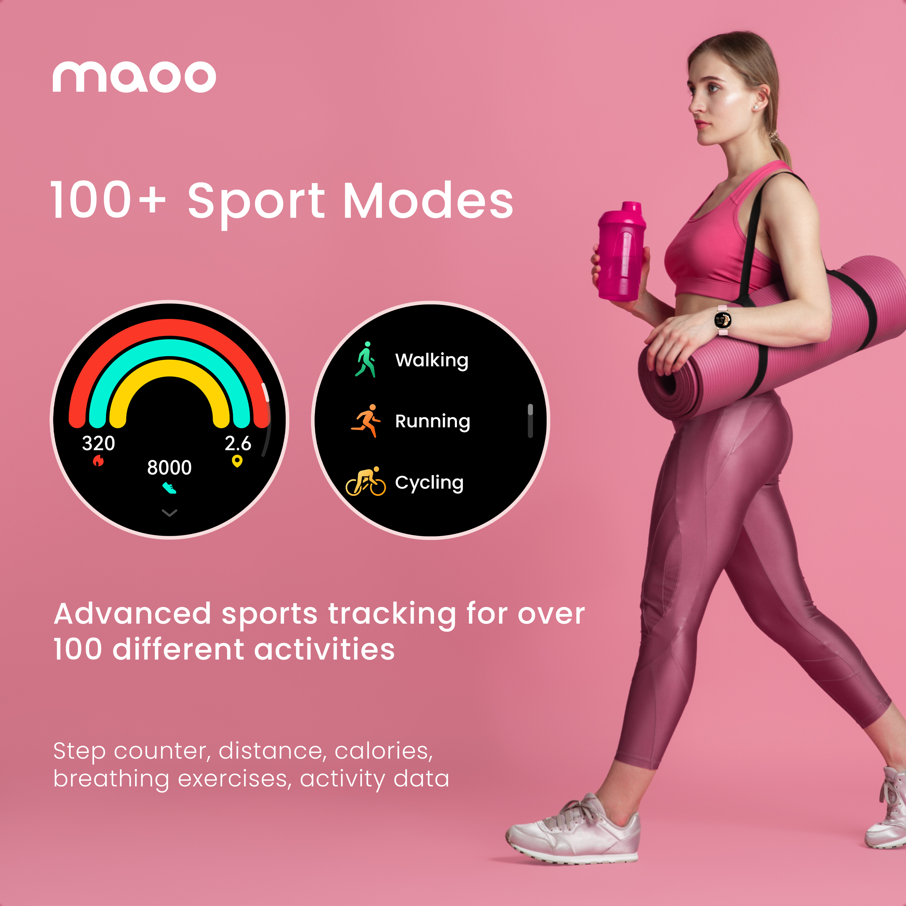 Donna con tappetino e borraccia, smartwatch mostra modalità sportive.