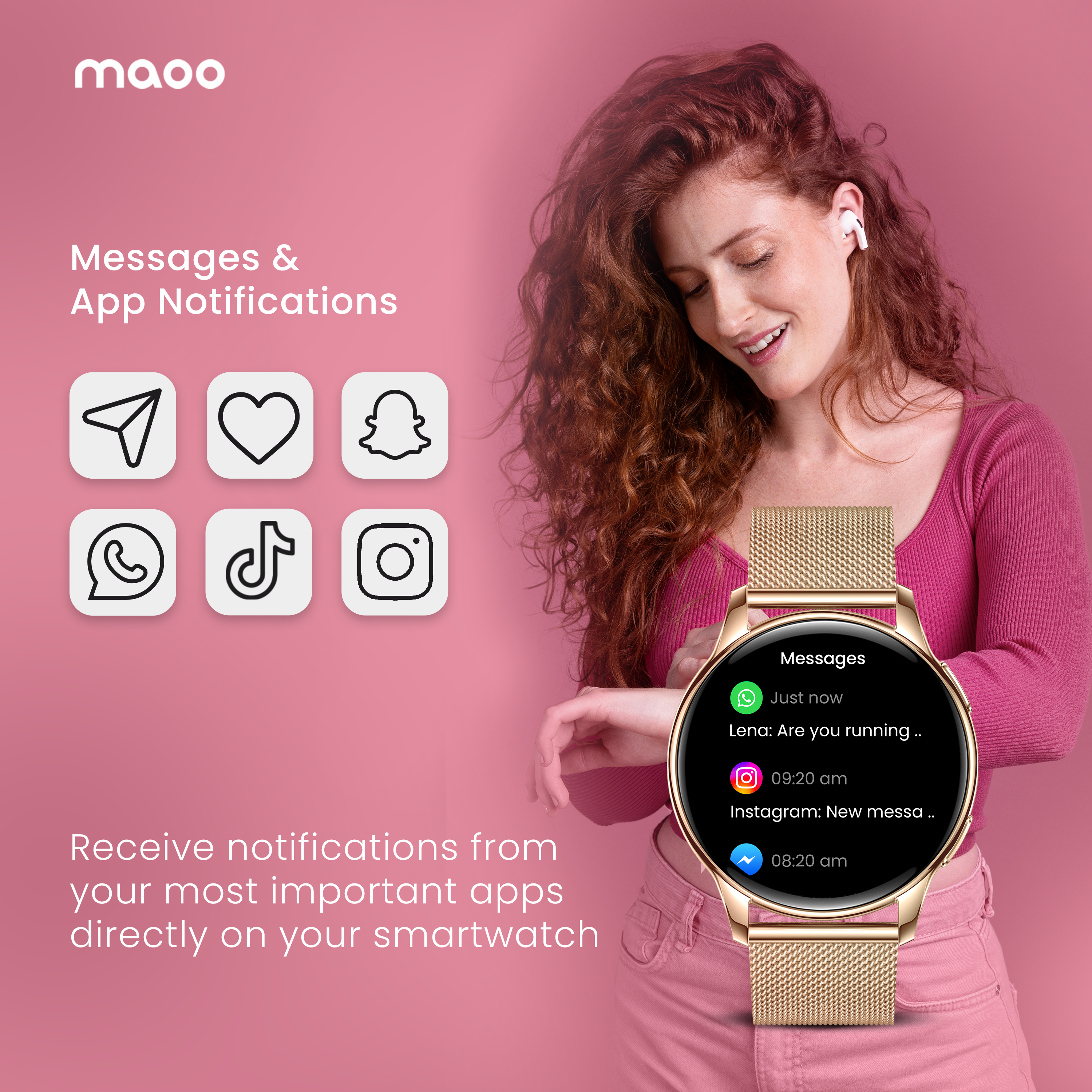 Una donna con capelli rossi indossa uno smartwatch che mostra messaggi. Icone di app a sinistra.
